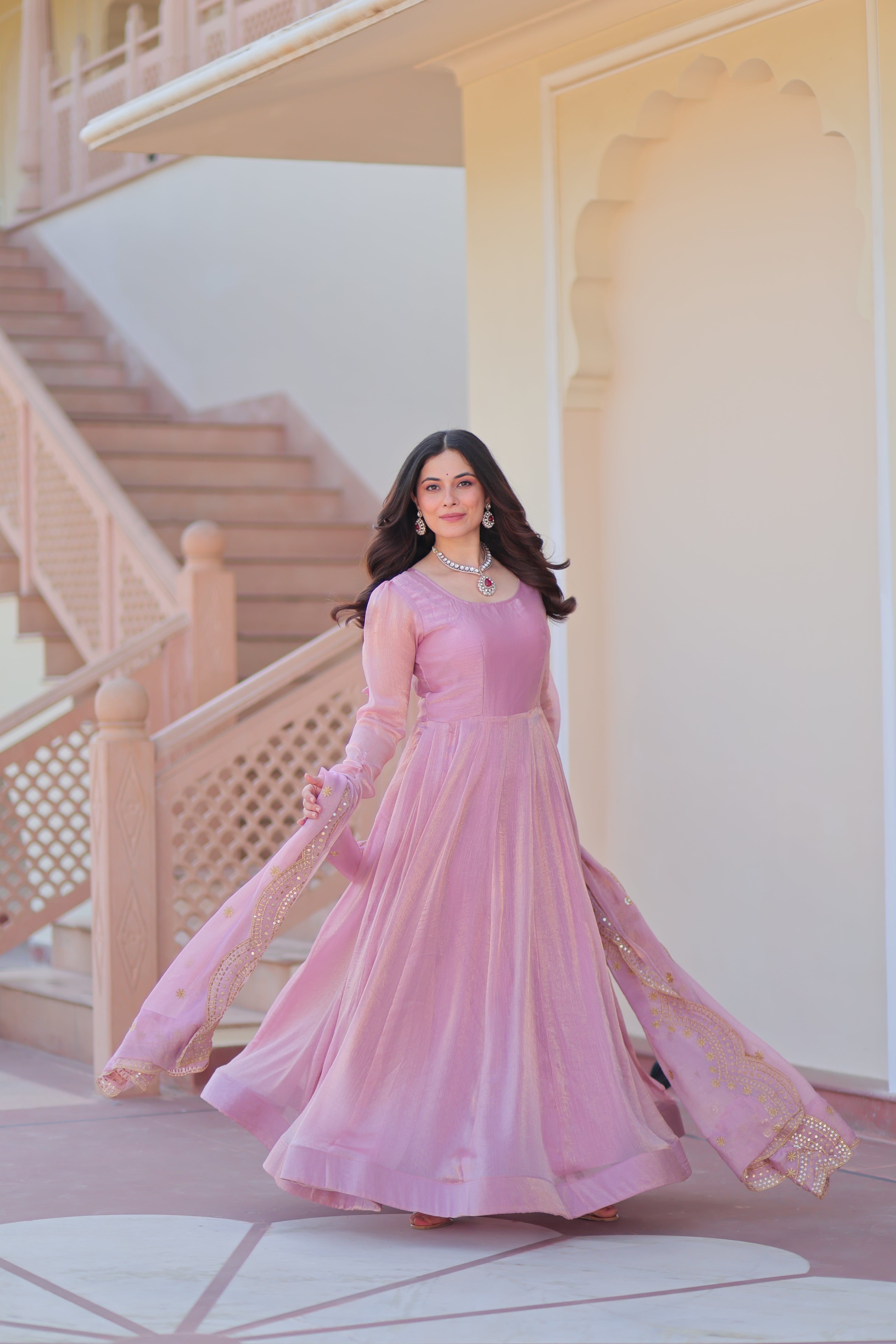 Fendy Chiffon 12-Kali Pink Gown with Embroidered Cut-Work Dupatta | Fancy Neck | Full Stitched