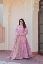 Fendy Chiffon 12-Kali Pink Gown with Embroidered Cut-Work Dupatta | Fancy Neck | Full Stitched
