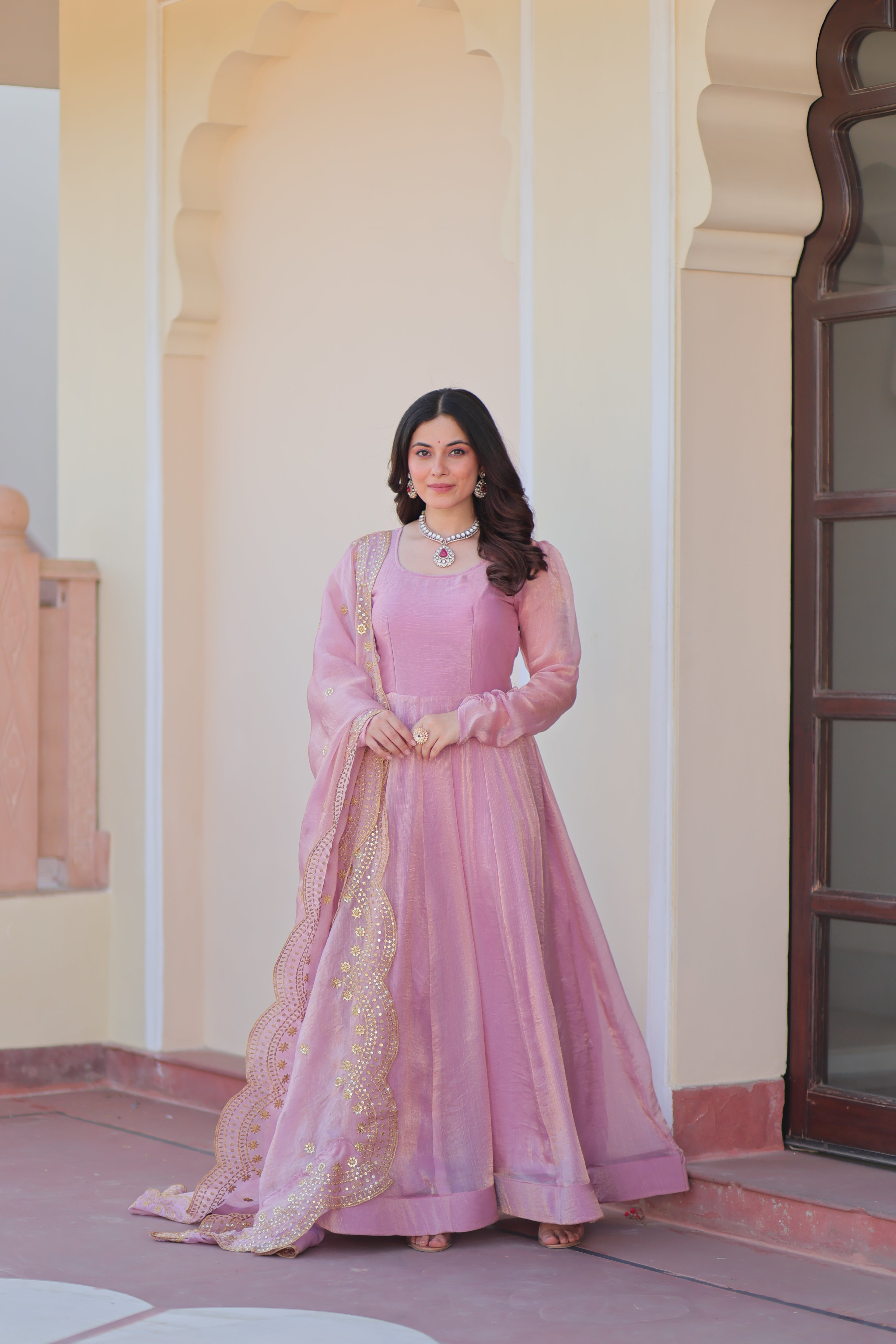 Fendy Chiffon 12-Kali Pink Gown with Embroidered Cut-Work Dupatta | Fancy Neck | Full Stitched