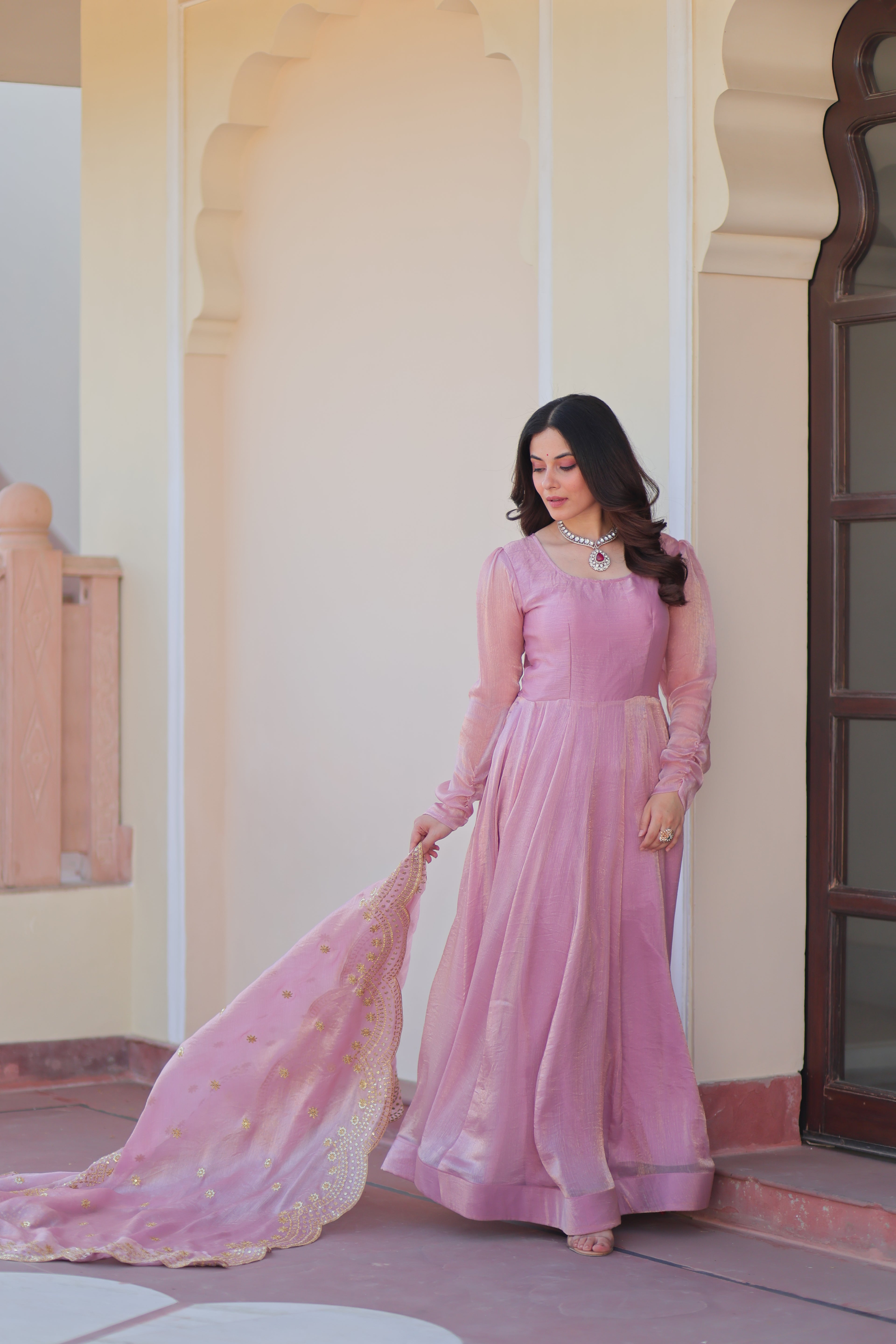 Fendy Chiffon 12-Kali Pink Gown with Embroidered Cut-Work Dupatta | Fancy Neck | Full Stitched