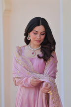 Fendy Chiffon 12-Kali Pink Gown with Embroidered Cut-Work Dupatta | Fancy Neck | Full Stitched