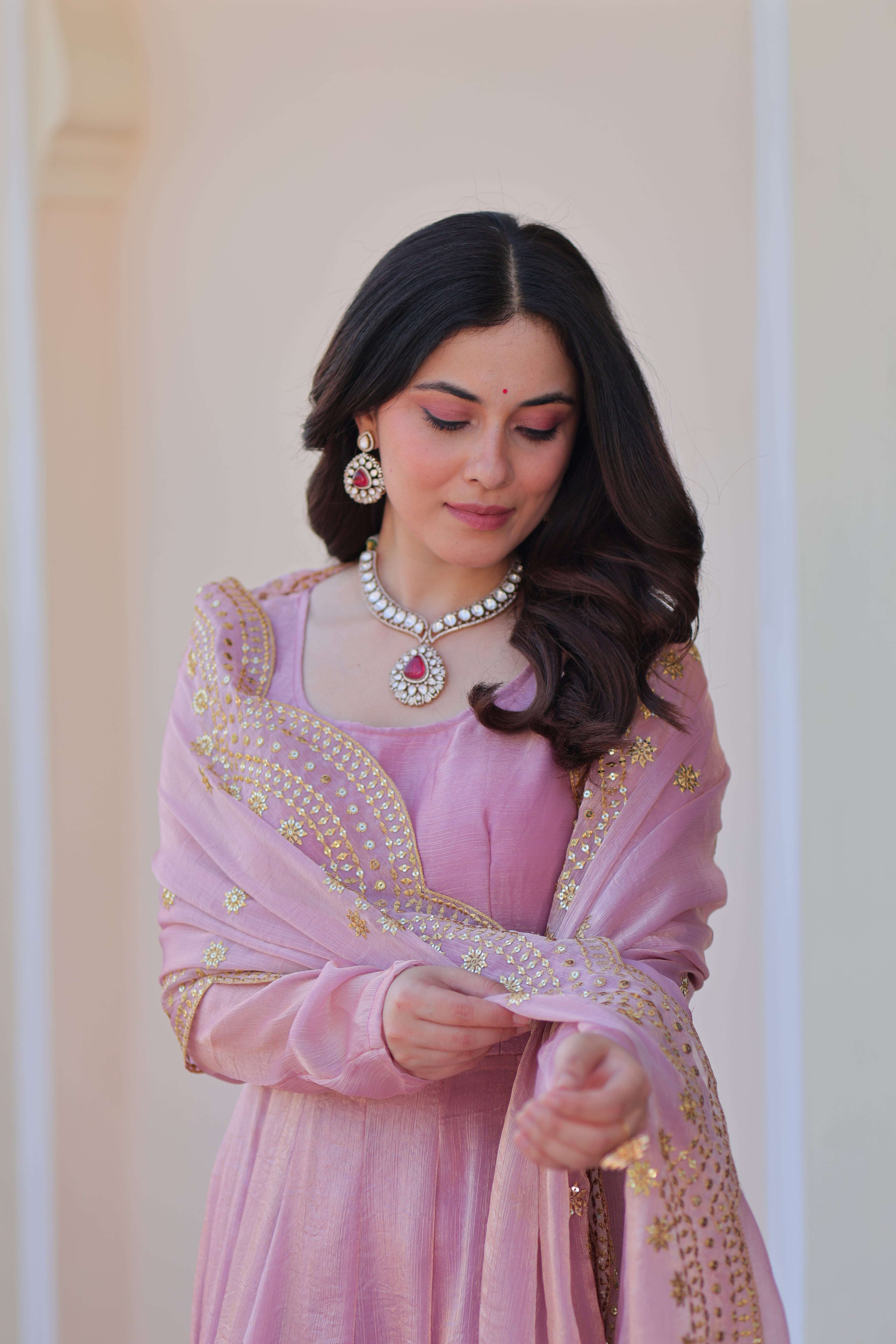 Fendy Chiffon 12-Kali Pink Gown with Embroidered Cut-Work Dupatta | Fancy Neck | Full Stitched