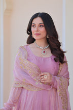 Fendy Chiffon 12-Kali Pink Gown with Embroidered Cut-Work Dupatta | Fancy Neck | Full Stitched