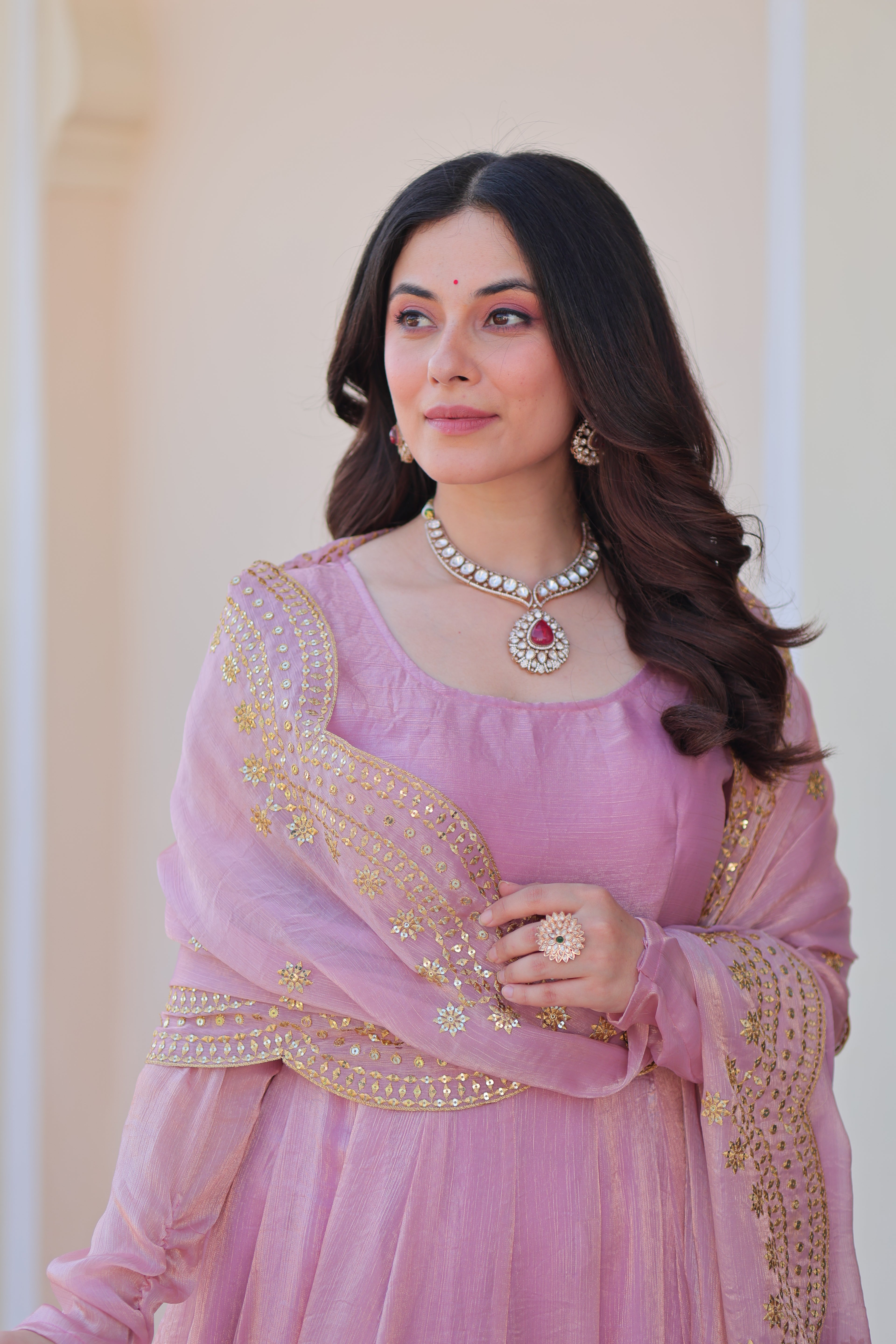 Fendy Chiffon 12-Kali Pink Gown with Embroidered Cut-Work Dupatta | Fancy Neck | Full Stitched