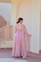 Fendy Chiffon 12-Kali Pink Gown with Embroidered Cut-Work Dupatta | Fancy Neck | Full Stitched