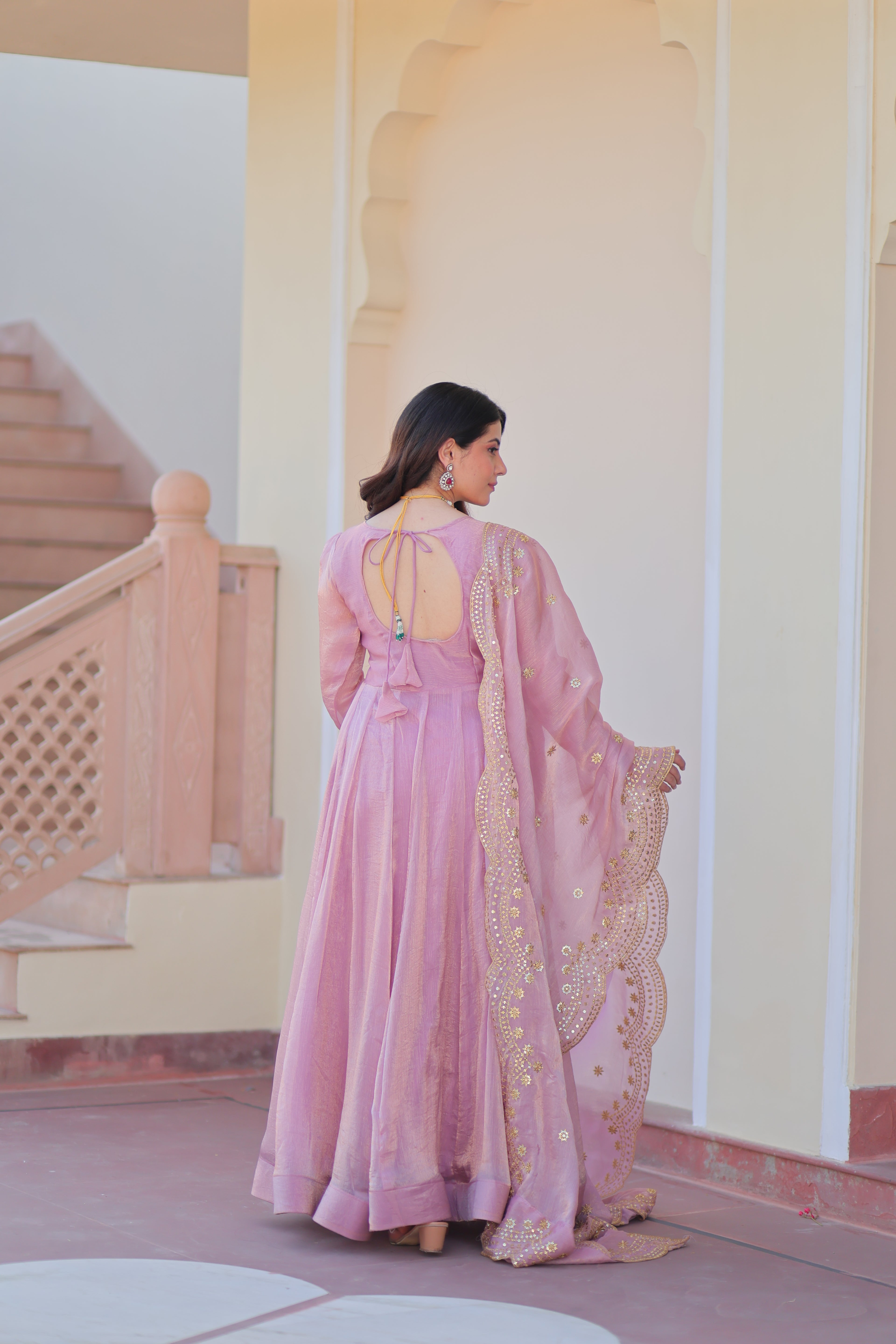 Fendy Chiffon 12-Kali Pink Gown with Embroidered Cut-Work Dupatta | Fancy Neck | Full Stitched