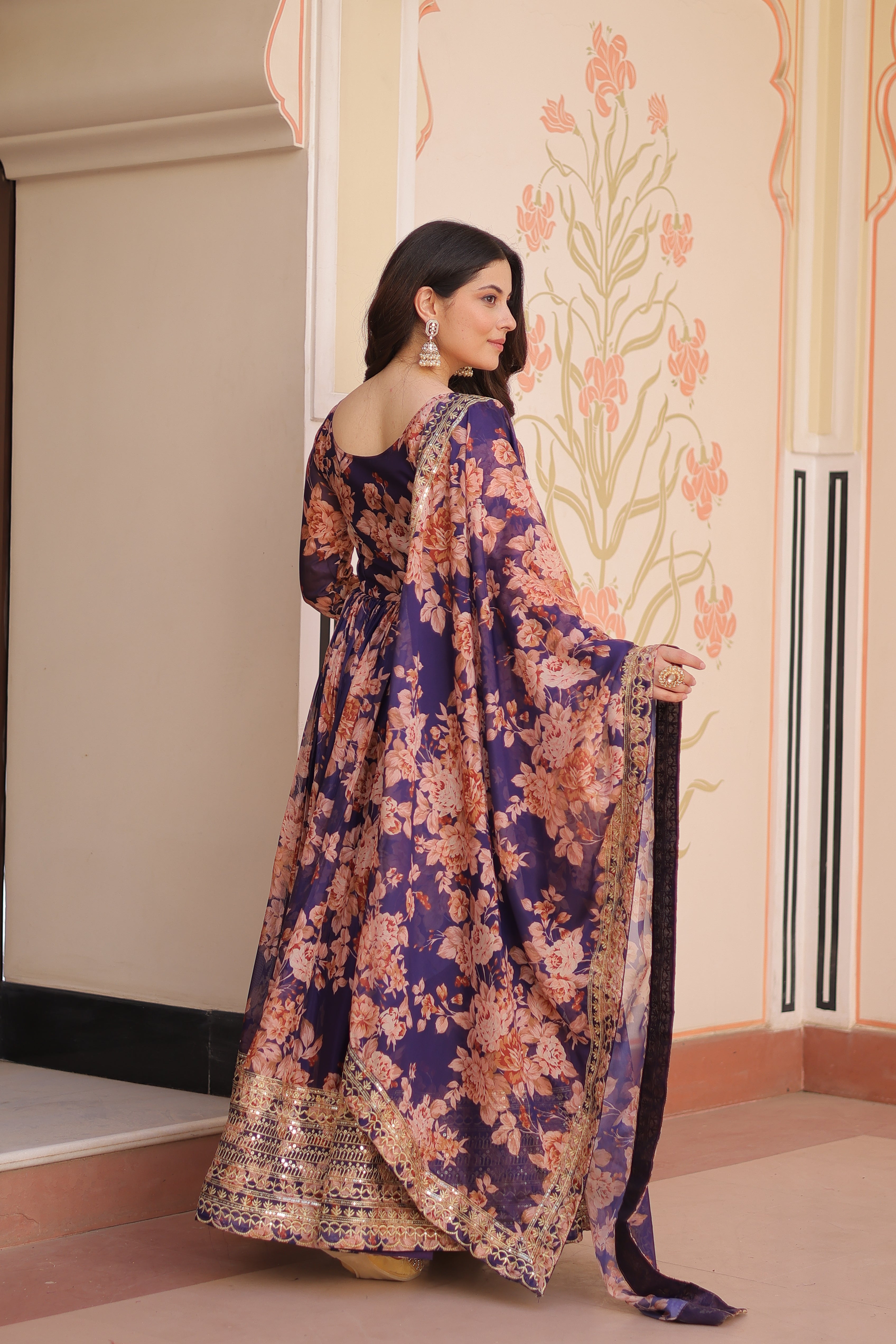 Russian Silk Gown with Digital Print & Sequins Embroidery + Matching Dupatta | Round Neck | Full Stitched