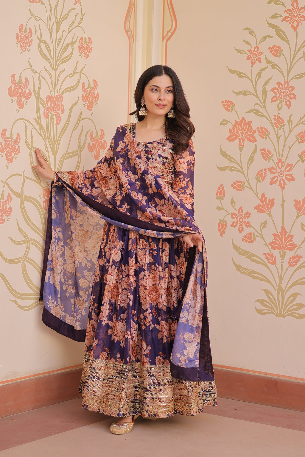 Russian Silk Gown with Digital Print & Sequins Embroidery + Matching Dupatta | Round Neck | Full Stitched