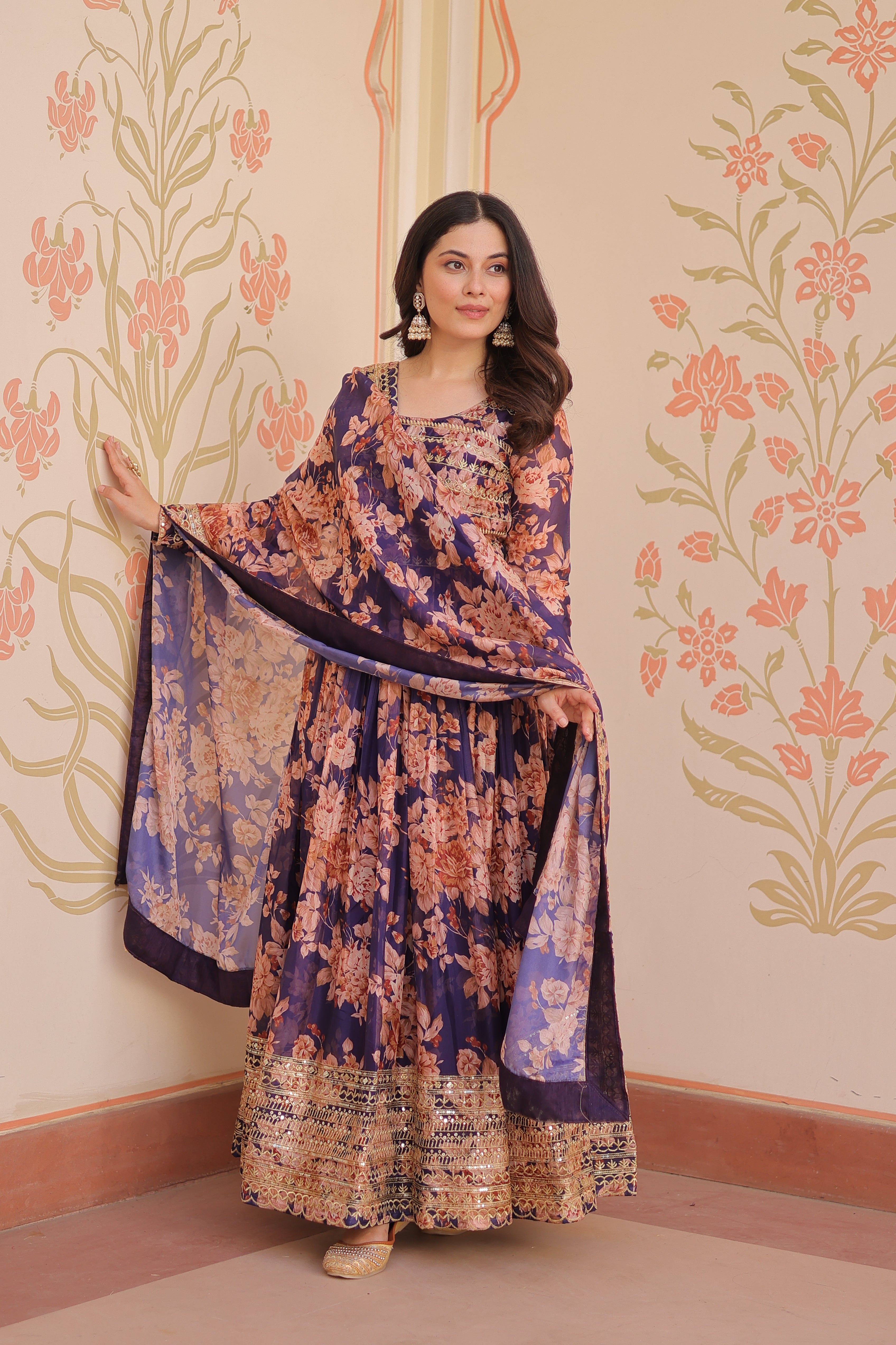 Russian Silk Gown with Digital Print & Sequins Embroidery + Matching Dupatta | Round Neck | Full Stitched