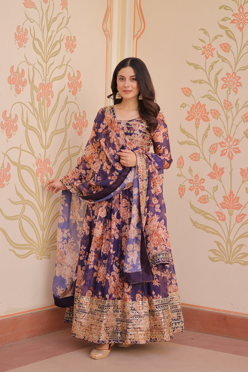 Russian Silk Gown with Digital Print & Sequins Embroidery + Matching Dupatta | Round Neck | Full Stitched