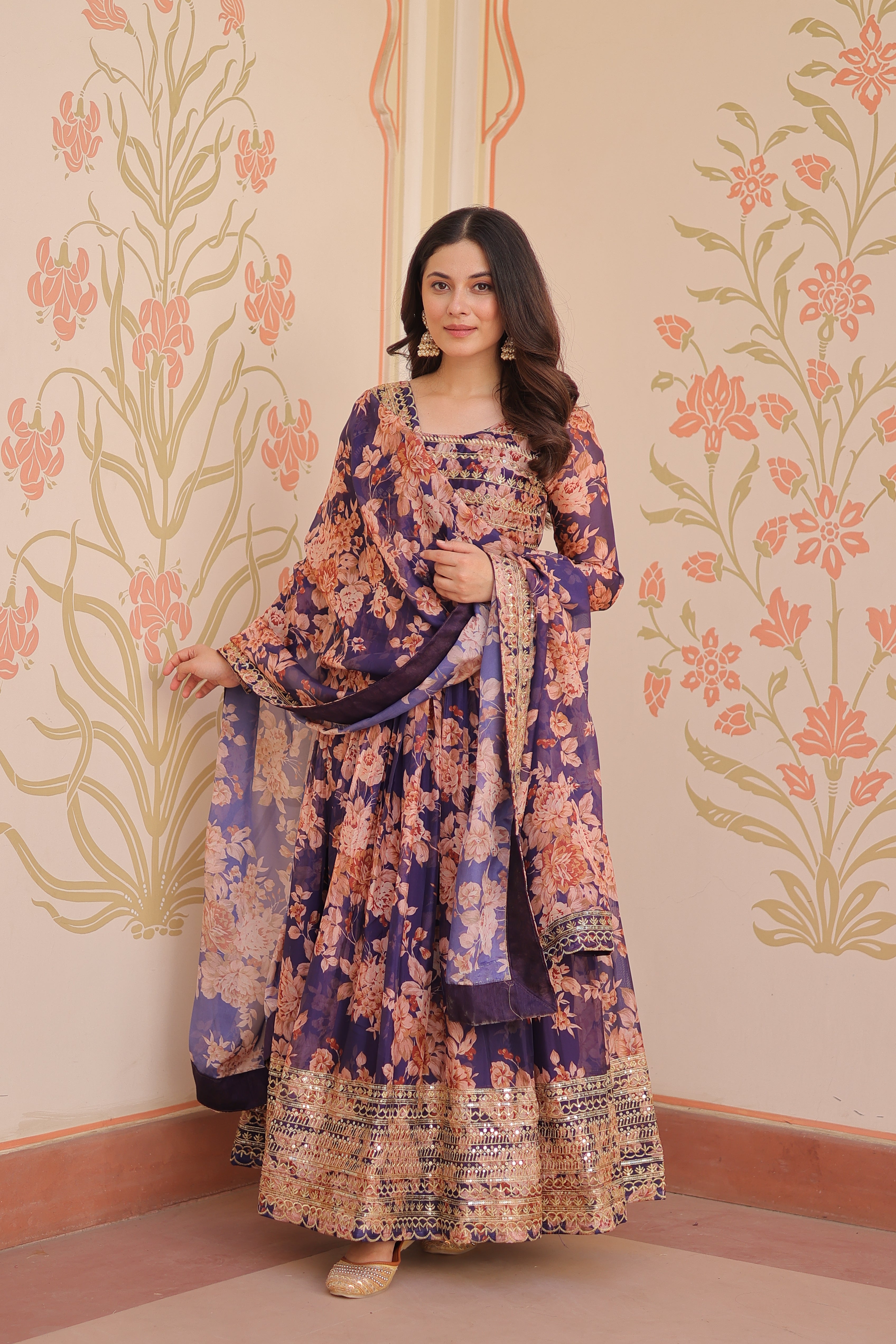 Russian Silk Gown with Digital Print & Sequins Embroidery + Matching Dupatta | Round Neck | Full Stitched