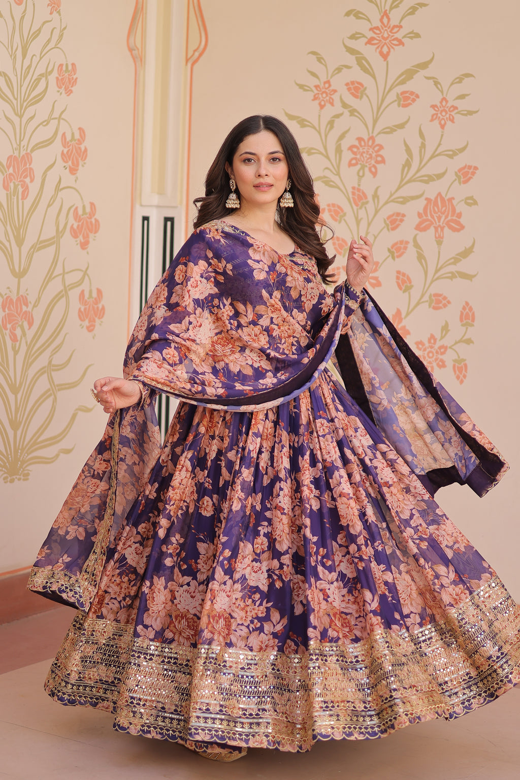 Russian Silk Gown with Digital Print & Sequins Embroidery + Matching Dupatta | Round Neck | Full Stitched