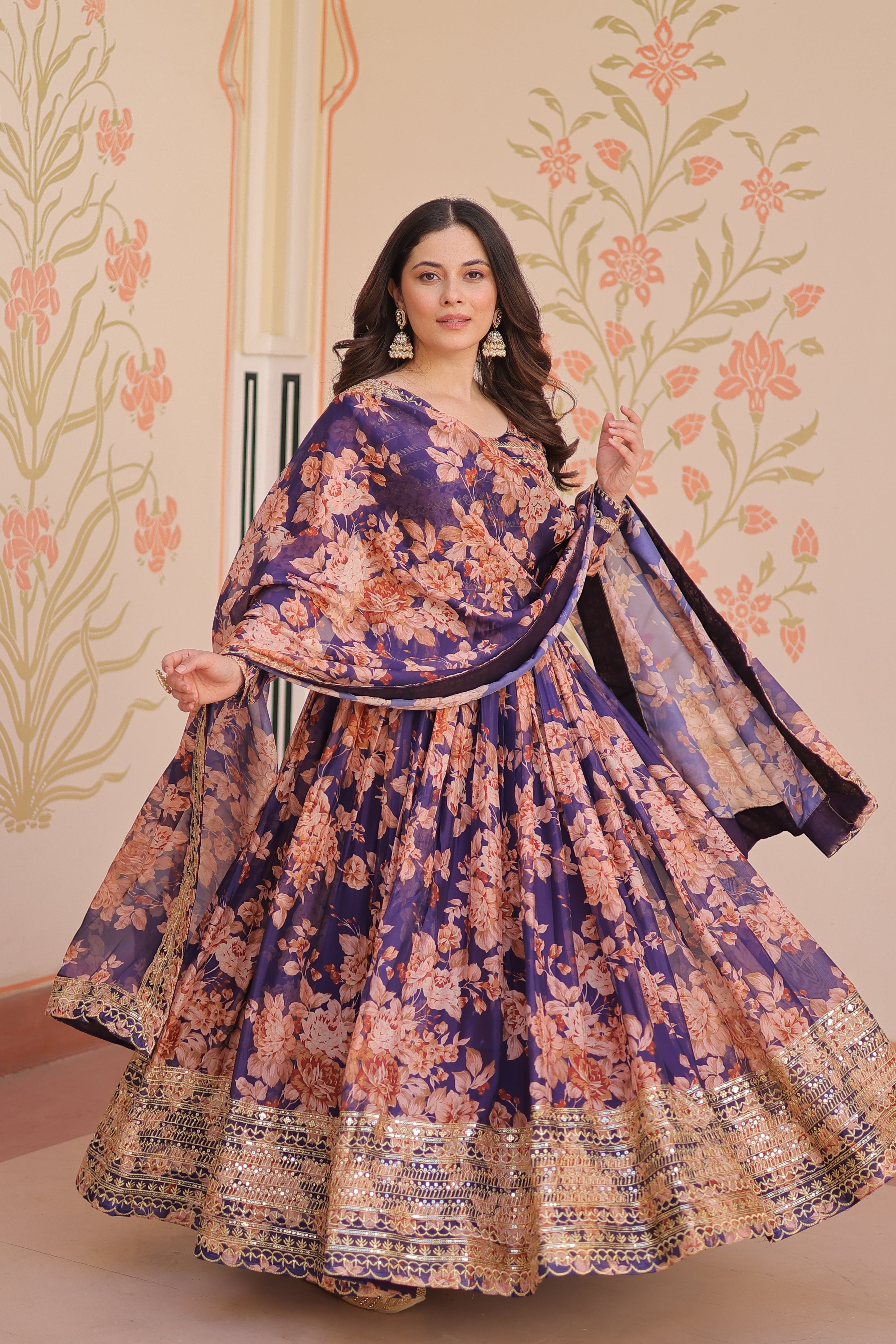 Russian Silk Gown with Digital Print & Sequins Embroidery + Matching Dupatta | Round Neck | Full Stitched