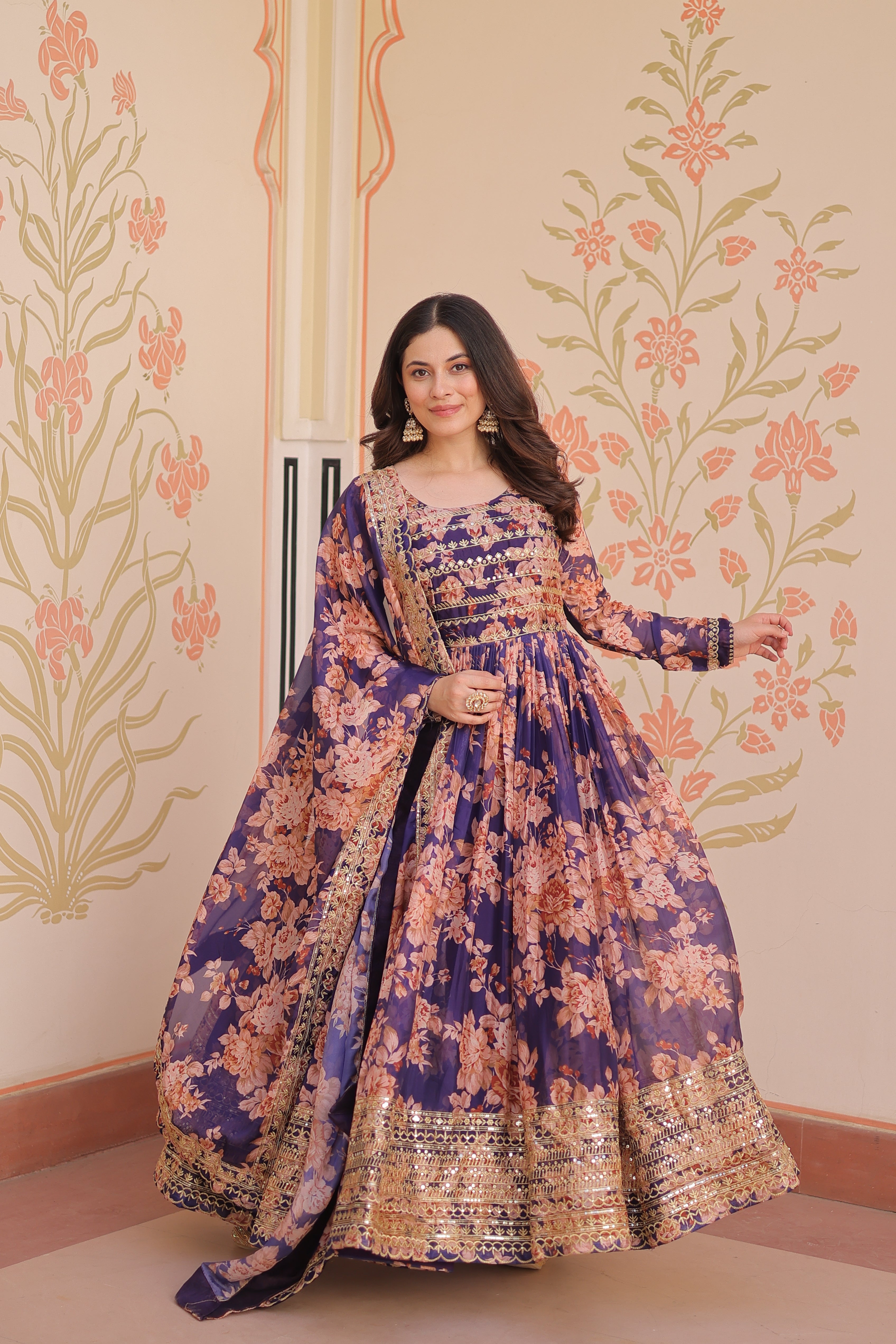 Russian Silk Gown with Digital Print & Sequins Embroidery + Matching Dupatta | Round Neck | Full Stitched