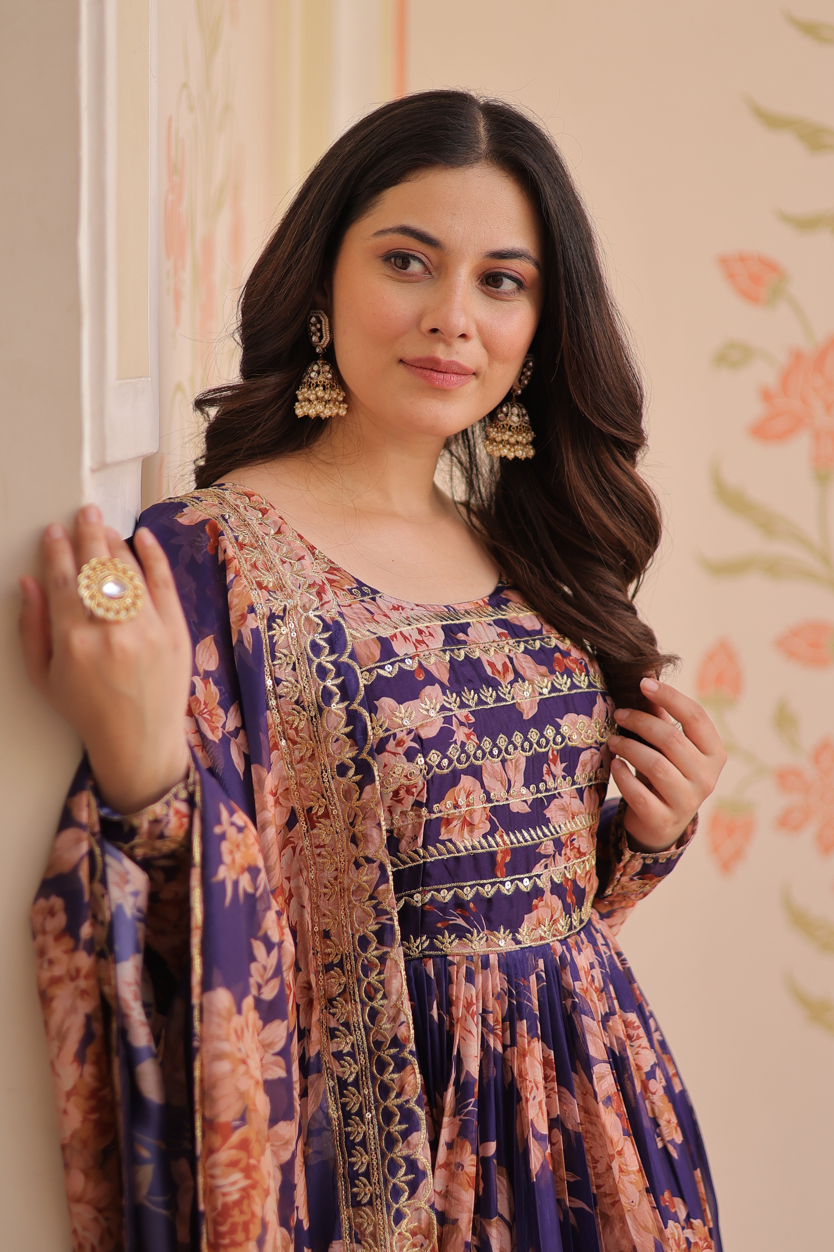 Russian Silk Gown with Digital Print & Sequins Embroidery + Matching Dupatta | Round Neck | Full Stitched