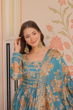 Russian Silk Rama Gown with Digital Print & Sequins Embroidery + Matching Dupatta | Round Neck | Full Stitched