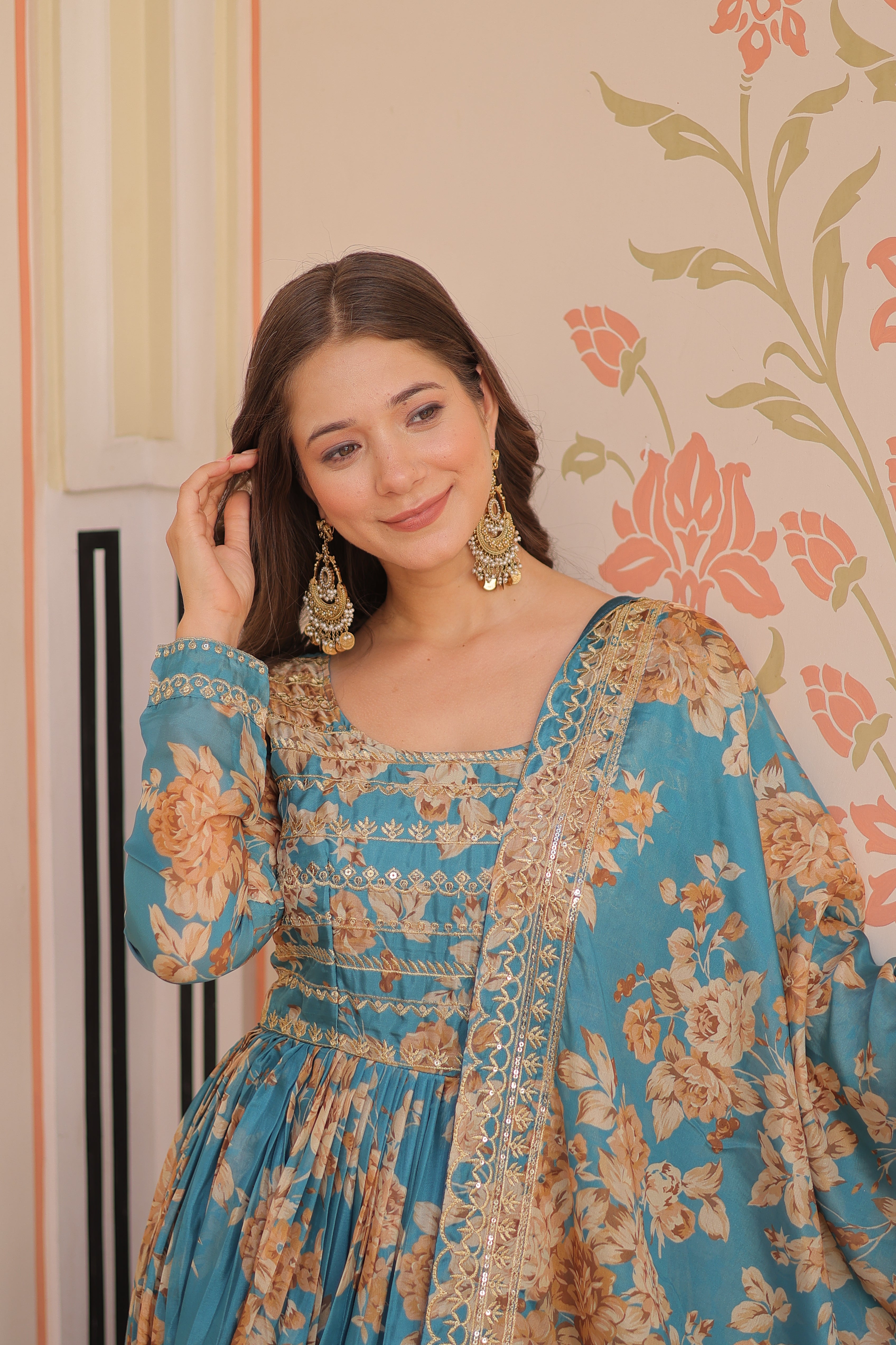 Russian Silk Rama Gown with Digital Print & Sequins Embroidery + Matching Dupatta | Round Neck | Full Stitched