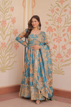 Russian Silk Rama Gown with Digital Print & Sequins Embroidery + Matching Dupatta | Round Neck | Full Stitched