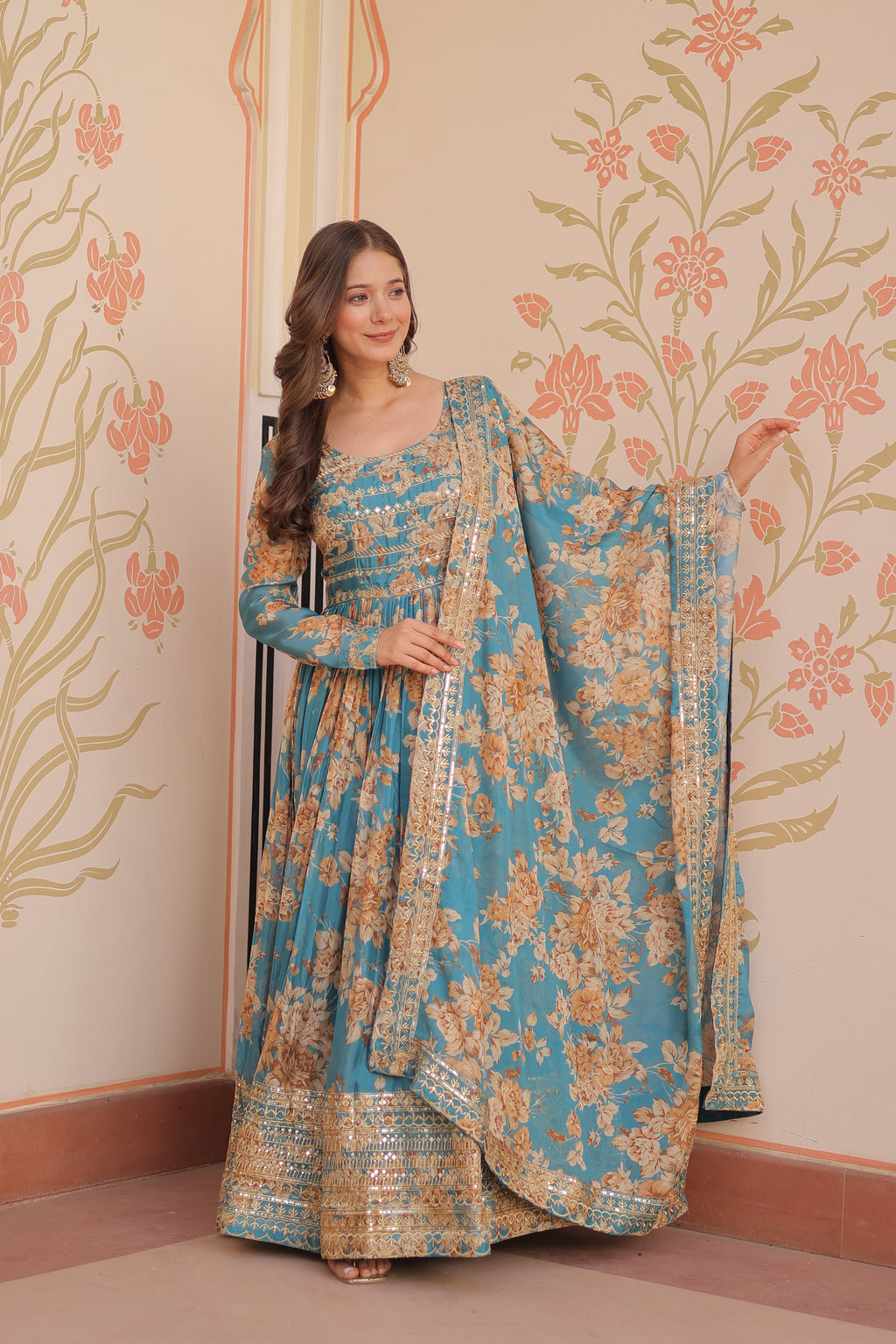 Russian Silk Rama Gown with Digital Print & Sequins Embroidery + Matching Dupatta | Round Neck | Full Stitched