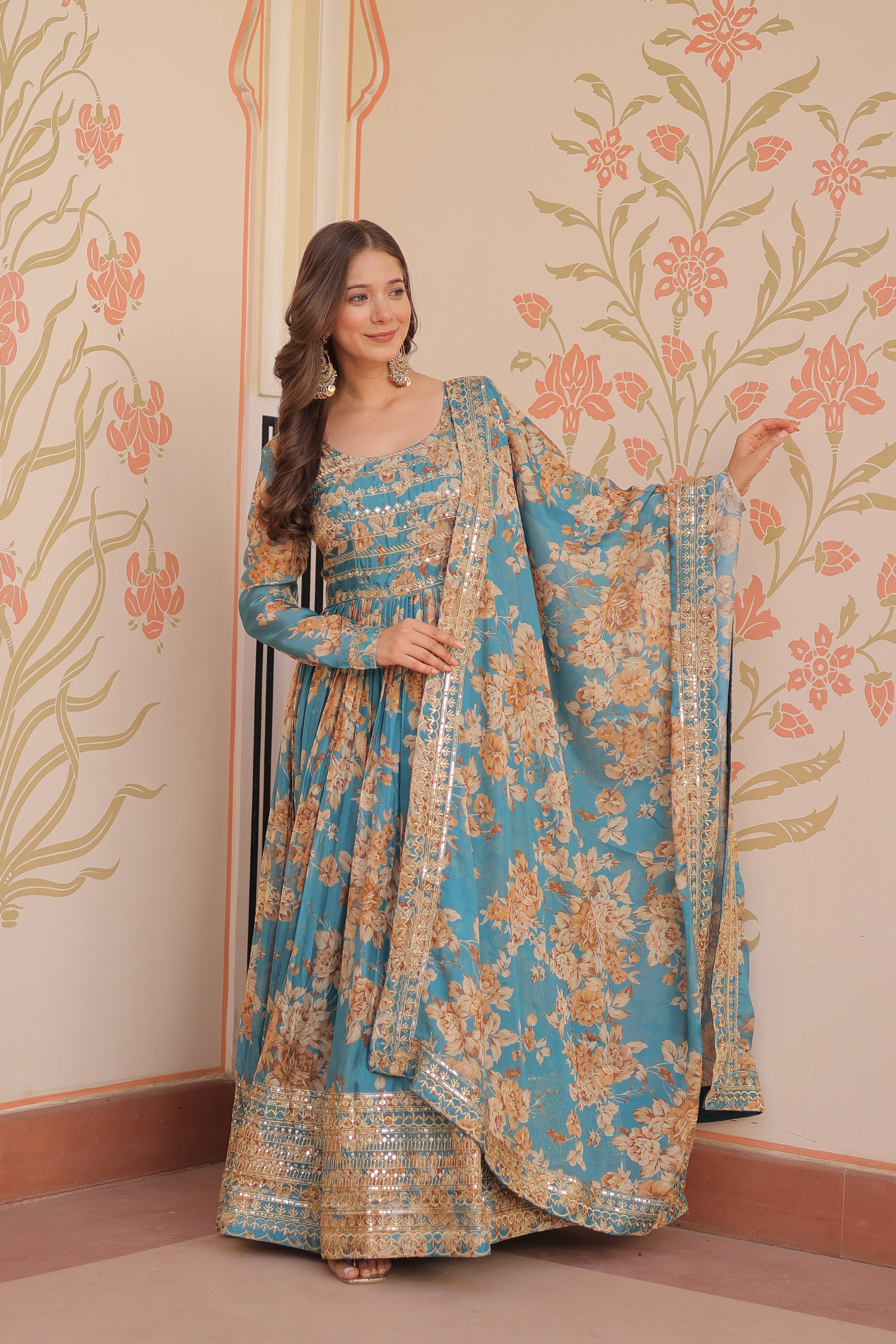 Russian Silk Rama Gown with Digital Print & Sequins Embroidery + Matching Dupatta | Round Neck | Full Stitched