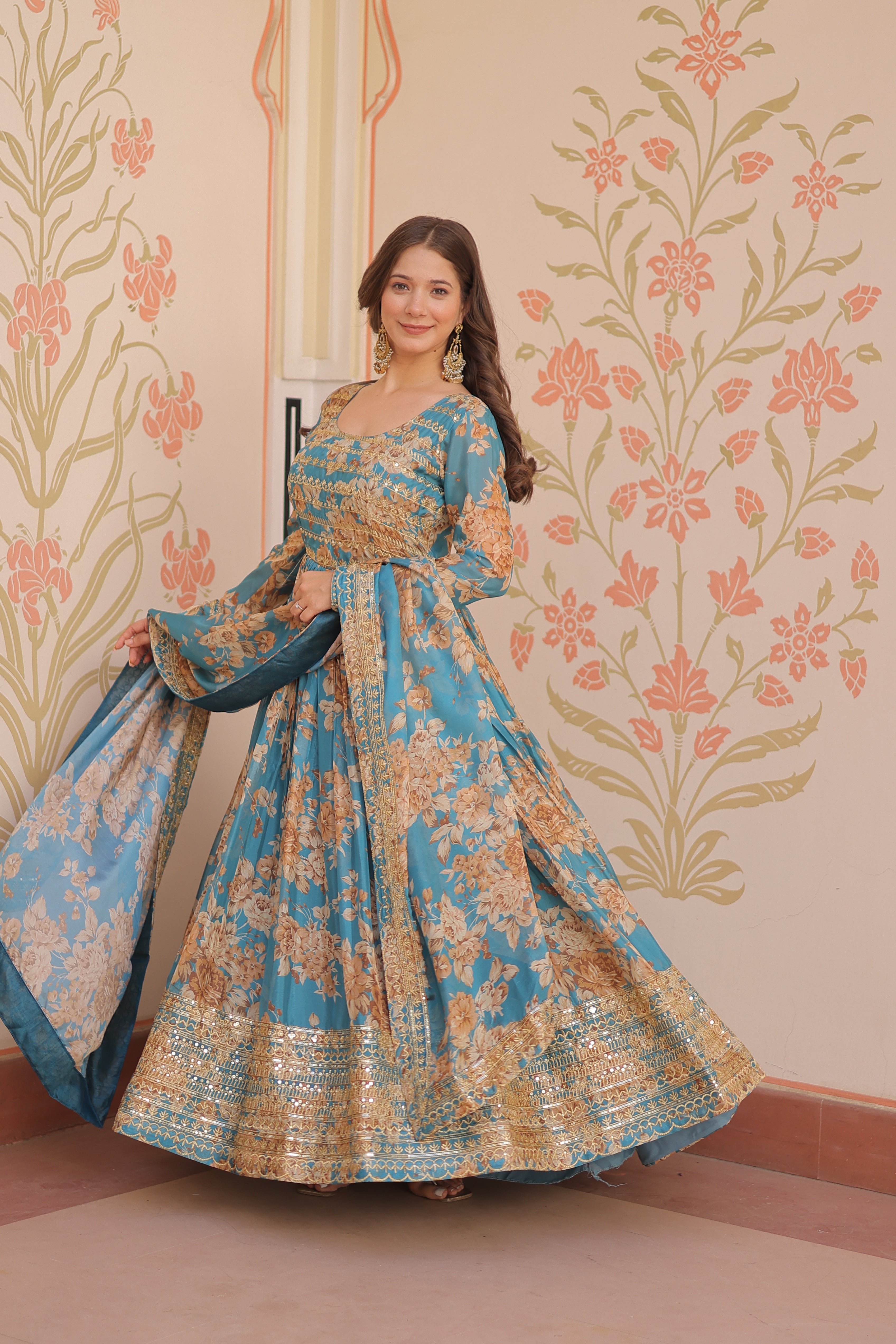 Russian Silk Rama Gown with Digital Print & Sequins Embroidery + Matching Dupatta | Round Neck | Full Stitched