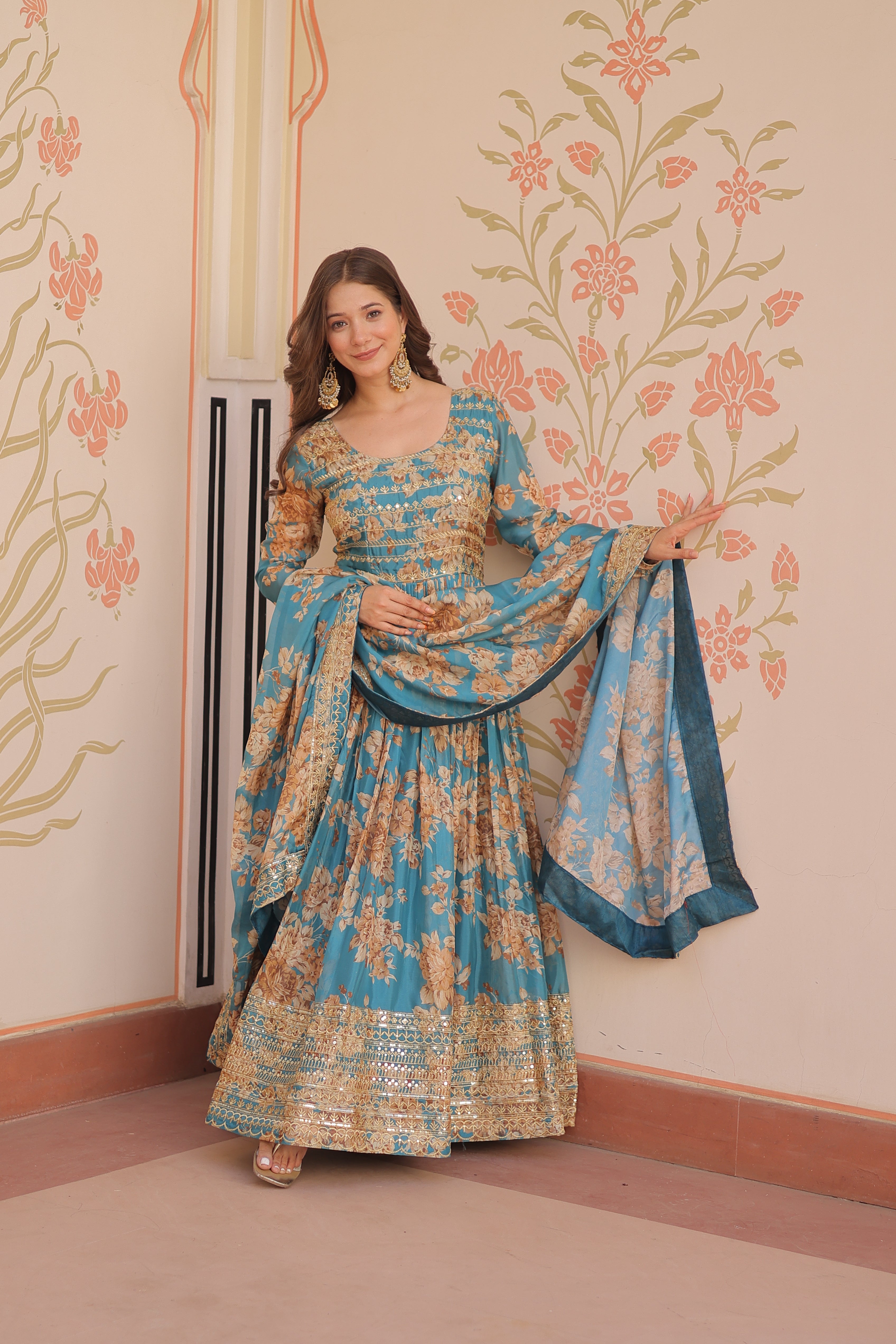 Russian Silk Rama Gown with Digital Print & Sequins Embroidery + Matching Dupatta | Round Neck | Full Stitched