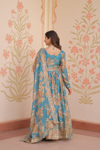 Russian Silk Rama Gown with Digital Print & Sequins Embroidery + Matching Dupatta | Round Neck | Full Stitched