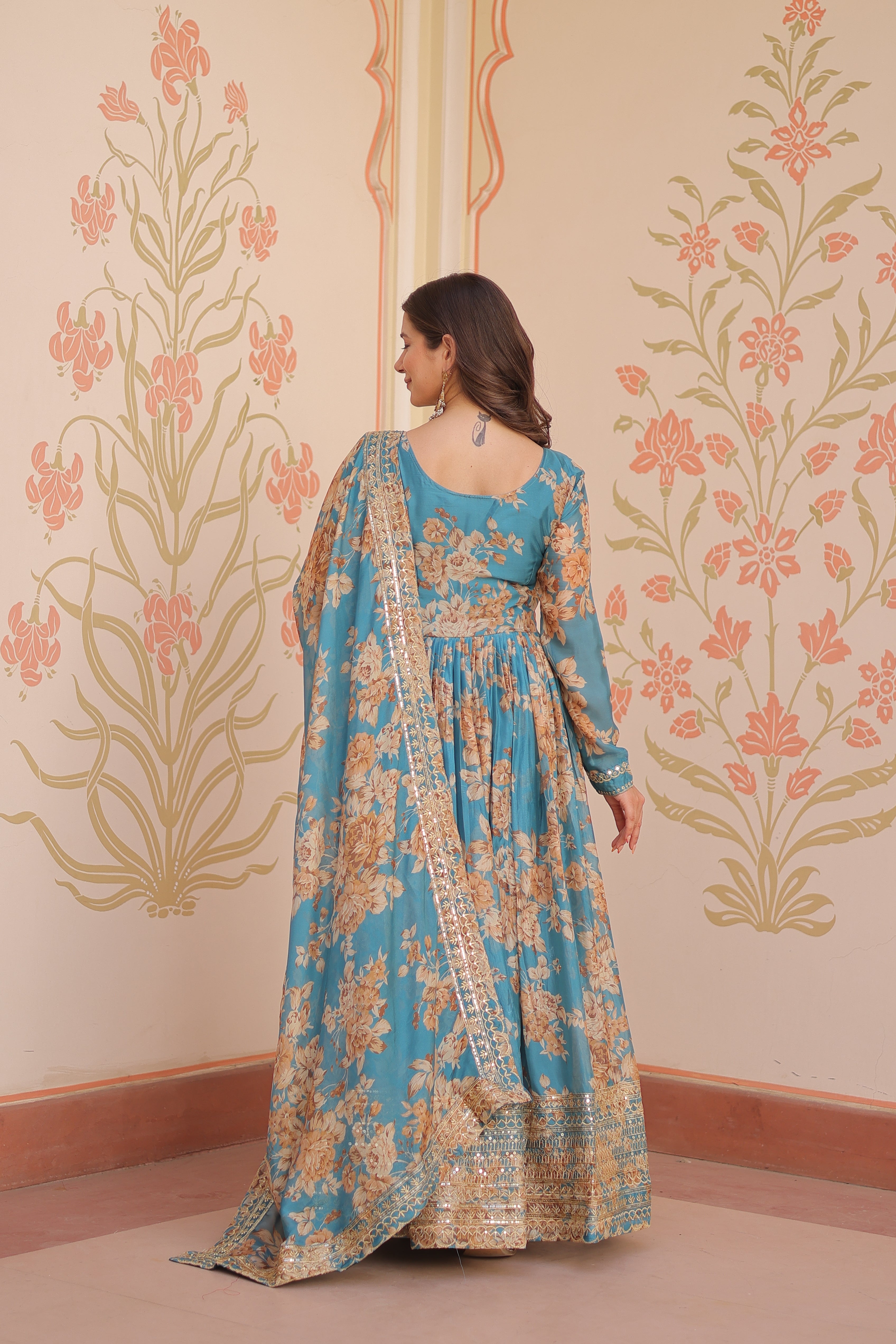 Russian Silk Rama Gown with Digital Print & Sequins Embroidery + Matching Dupatta | Round Neck | Full Stitched