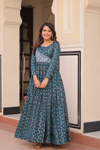 Staple Jacquard Weaving Teal Gown with Position Print Choli | Round Neck | Full Stitched