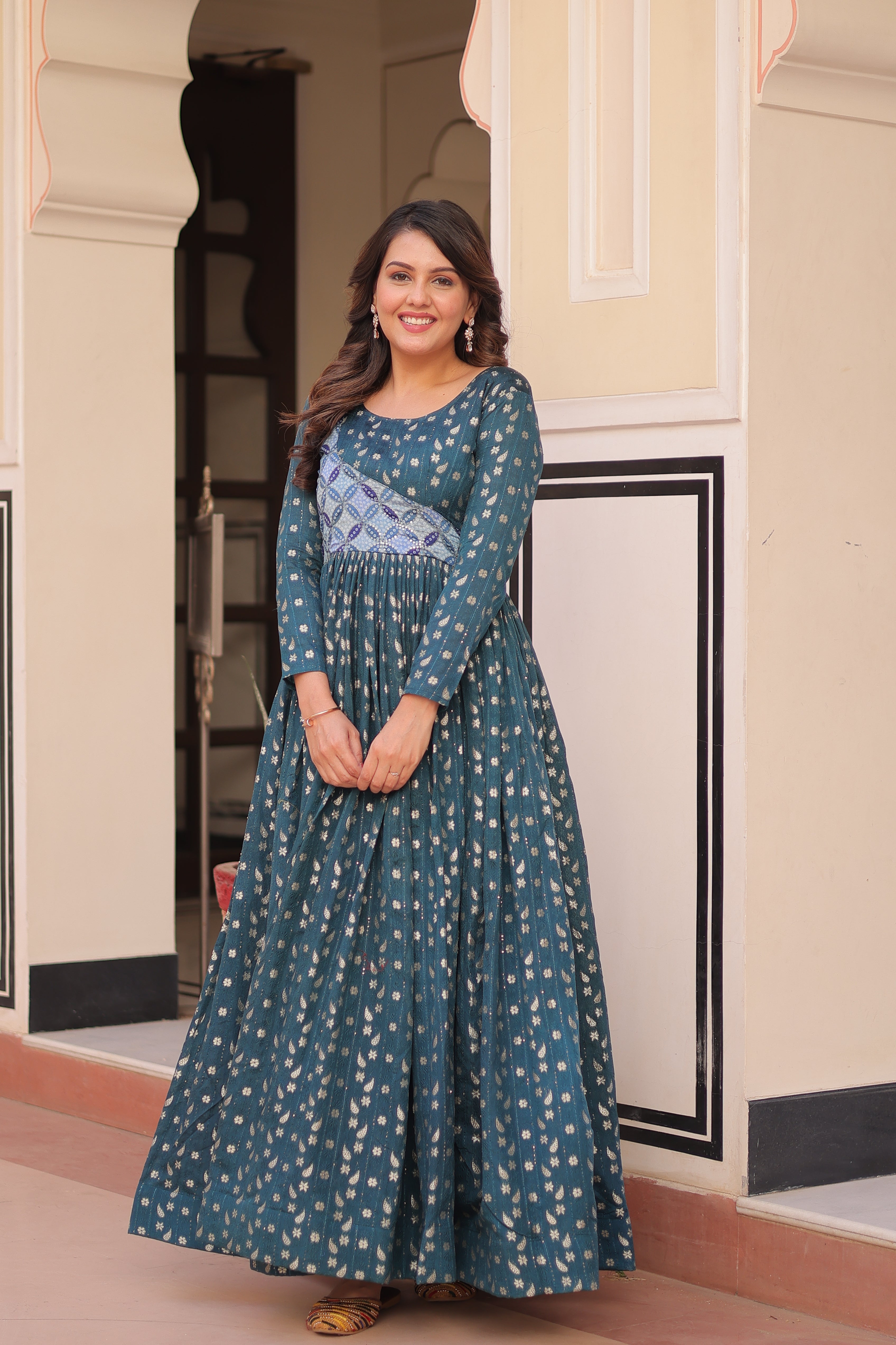 Staple Jacquard Weaving Teal Gown with Position Print Choli | Round Neck | Full Stitched