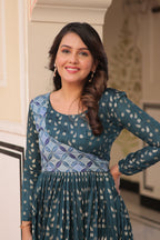 Staple Jacquard Weaving Teal Gown with Position Print Choli | Round Neck | Full Stitched