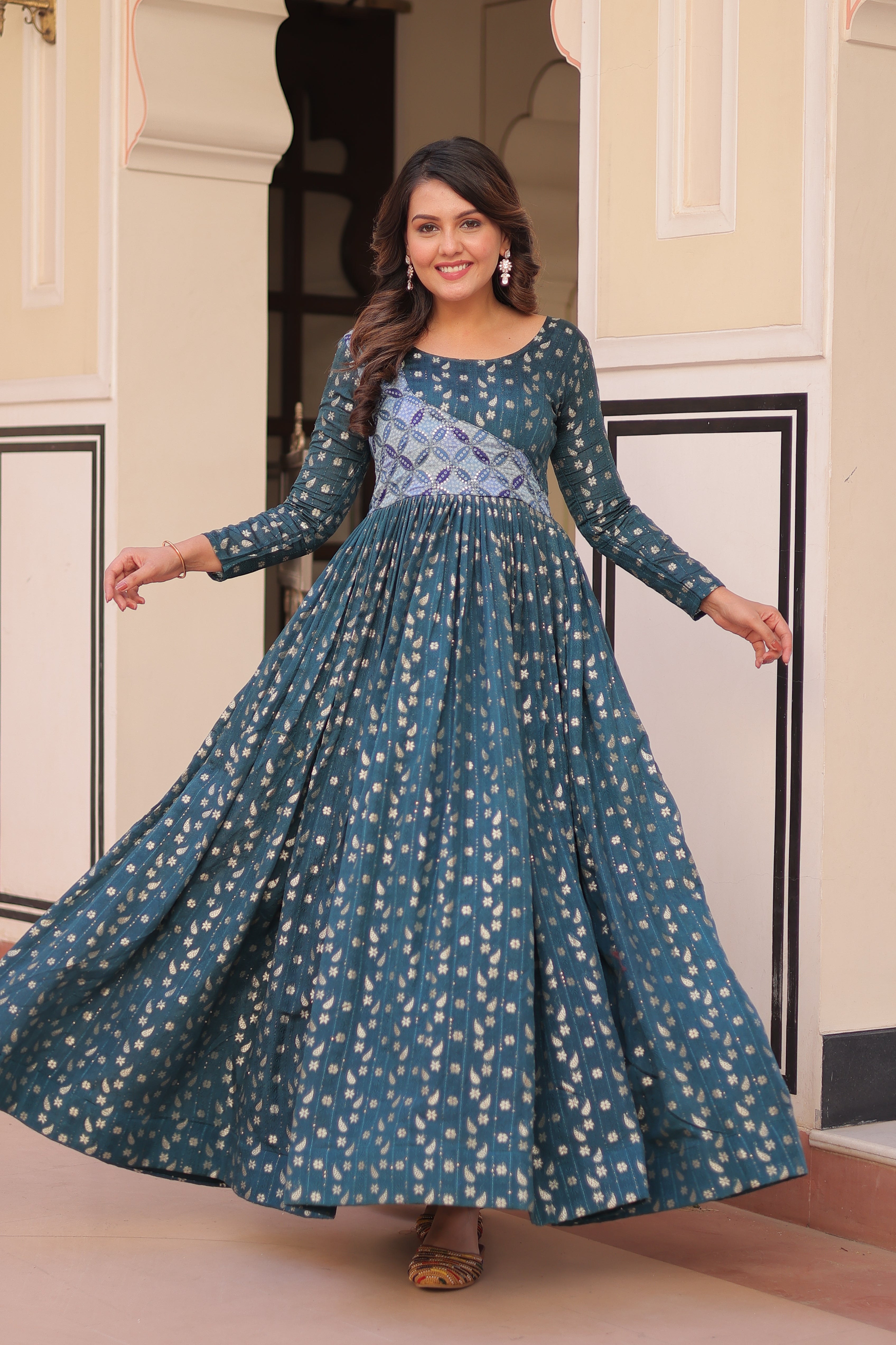 Staple Jacquard Weaving Teal Gown with Position Print Choli | Round Neck | Full Stitched