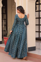 Staple Jacquard Weaving Teal Gown with Position Print Choli | Round Neck | Full Stitched