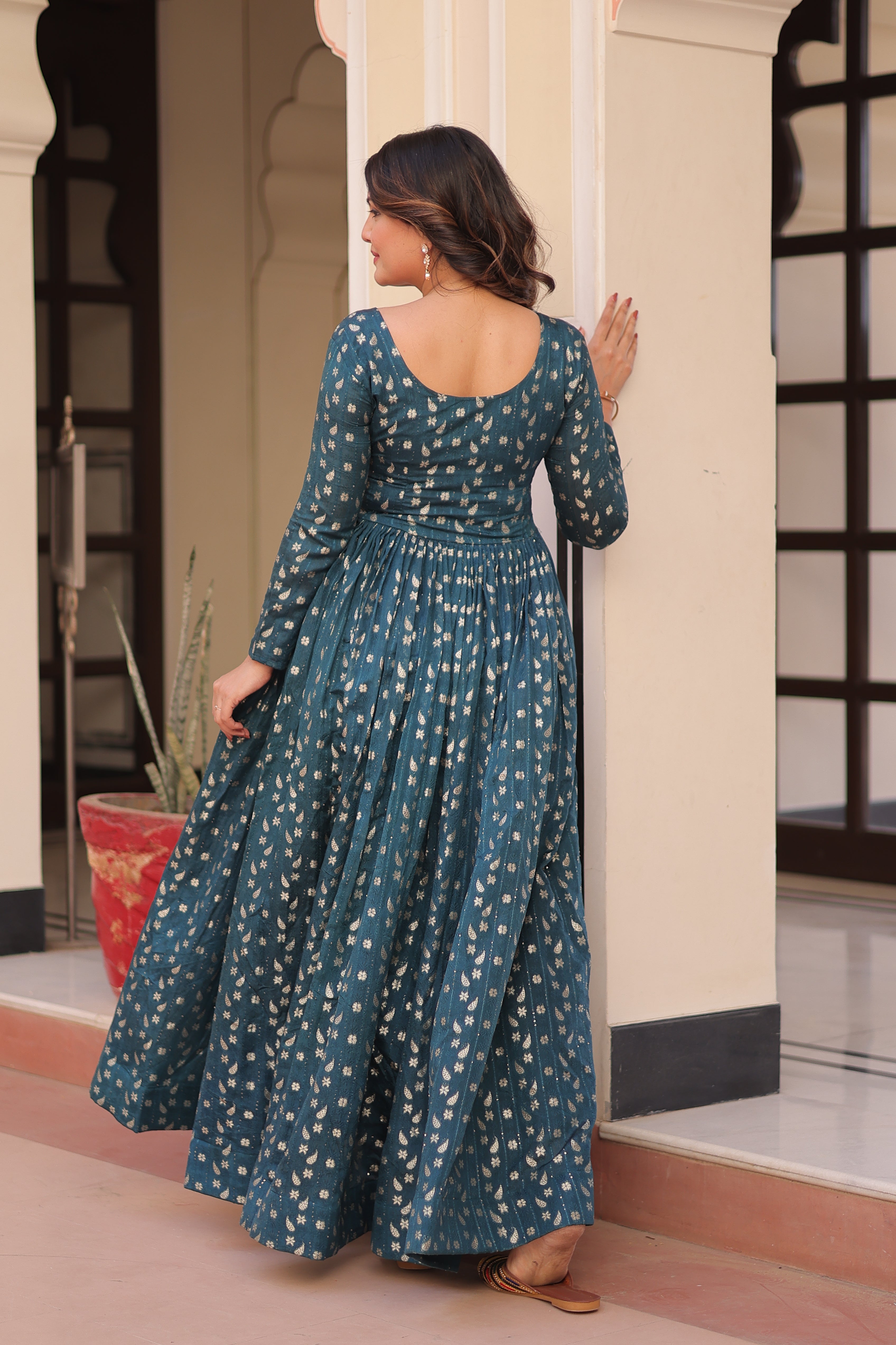 Staple Jacquard Weaving Teal Gown with Position Print Choli | Round Neck | Full Stitched