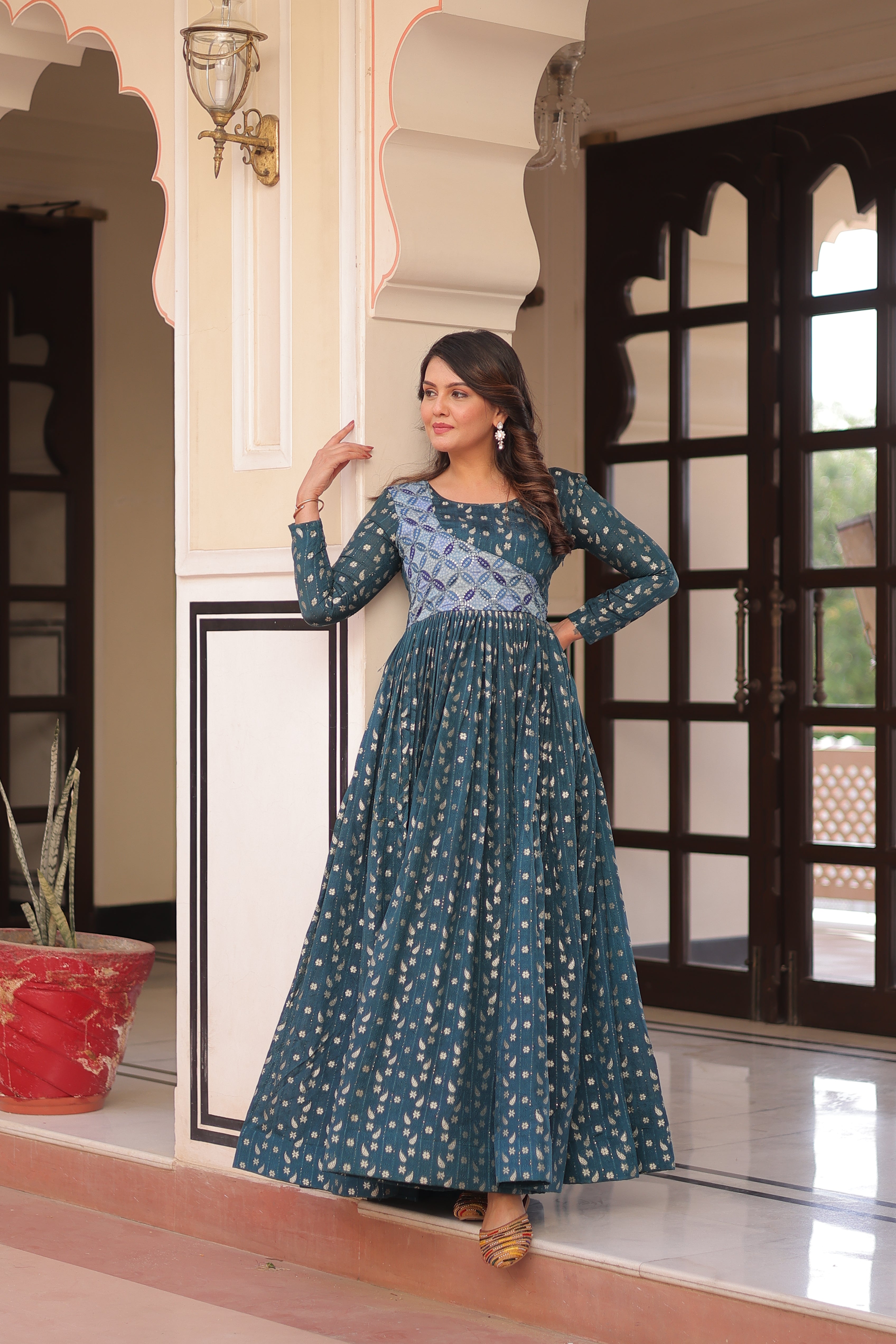 Staple Jacquard Weaving Teal Gown with Position Print Choli | Round Neck | Full Stitched