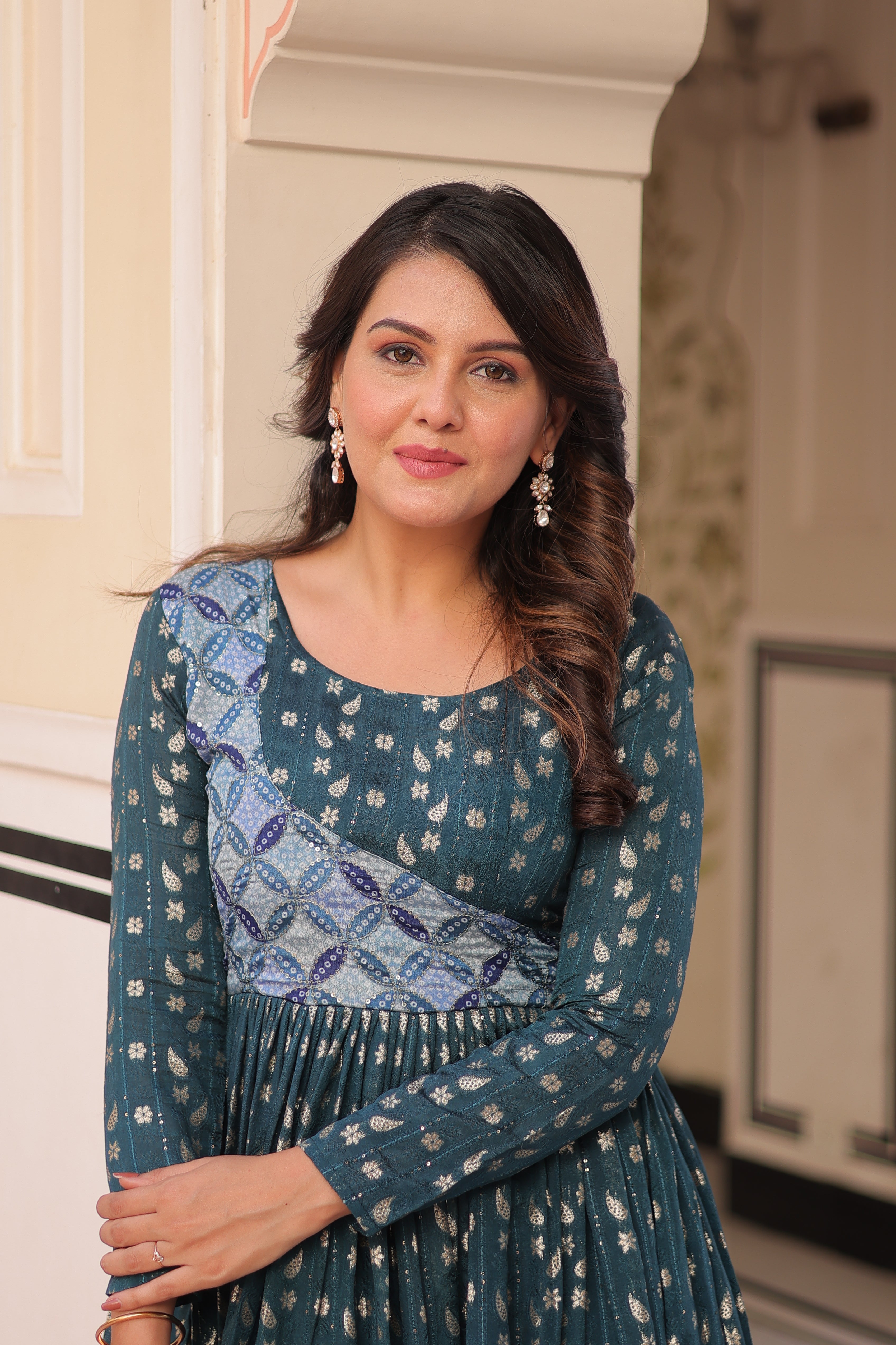 Staple Jacquard Weaving Teal Gown with Position Print Choli | Round Neck | Full Stitched