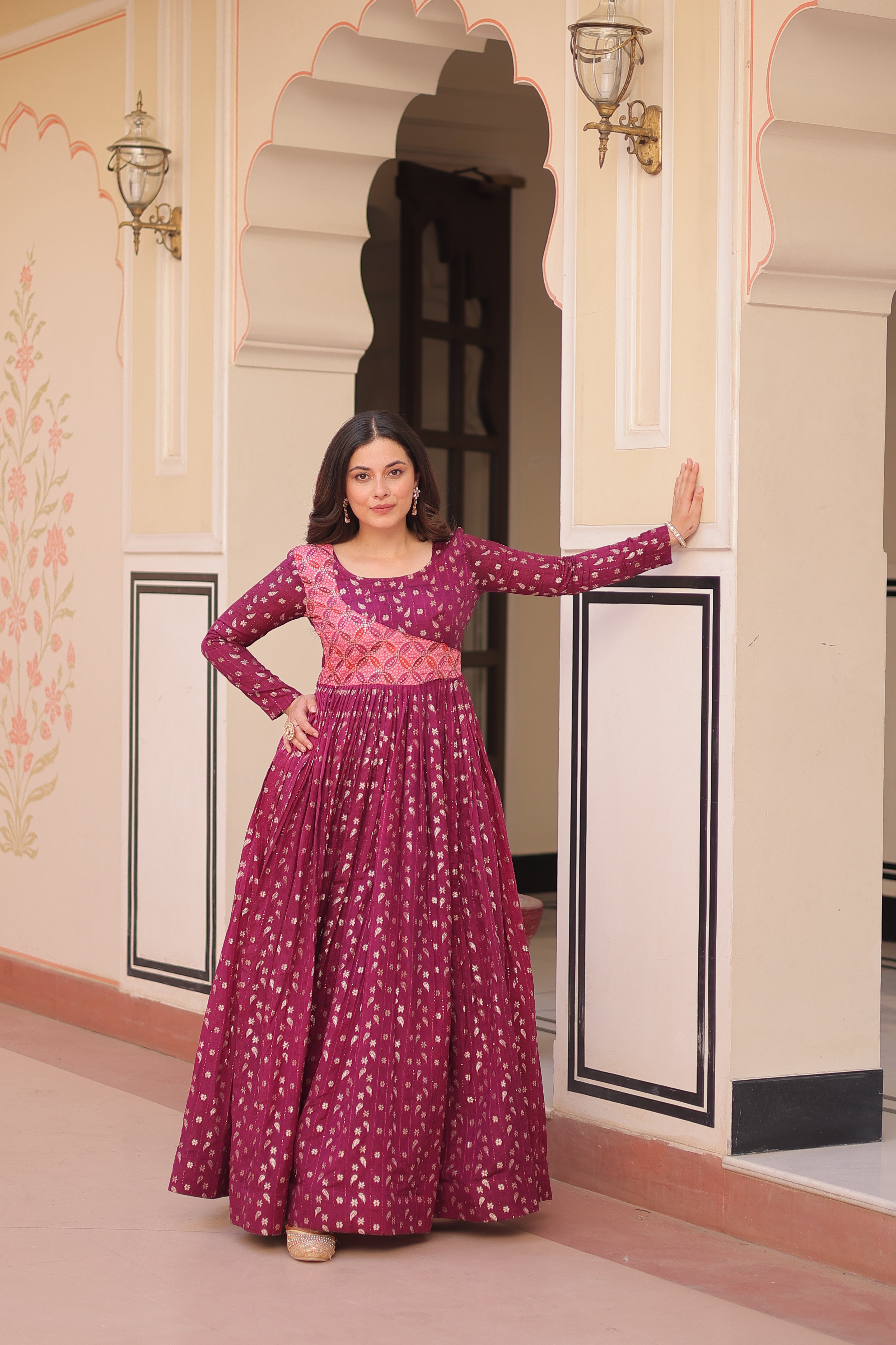 Staple Jacquard Weaving Wine Gown with Position Print Choli | Round Neck | Full Stitched