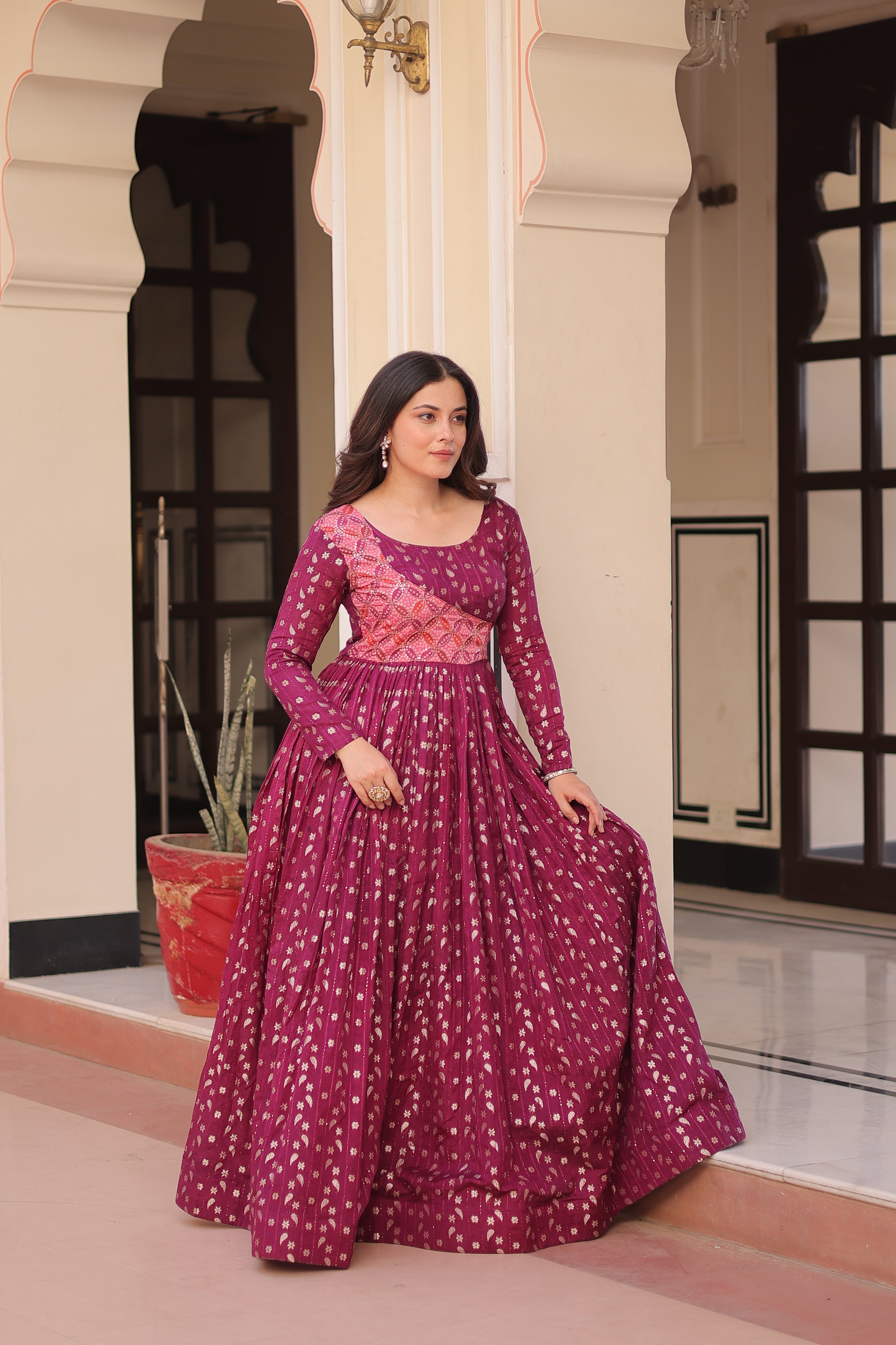 Staple Jacquard Weaving Wine Gown with Position Print Choli | Round Neck | Full Stitched