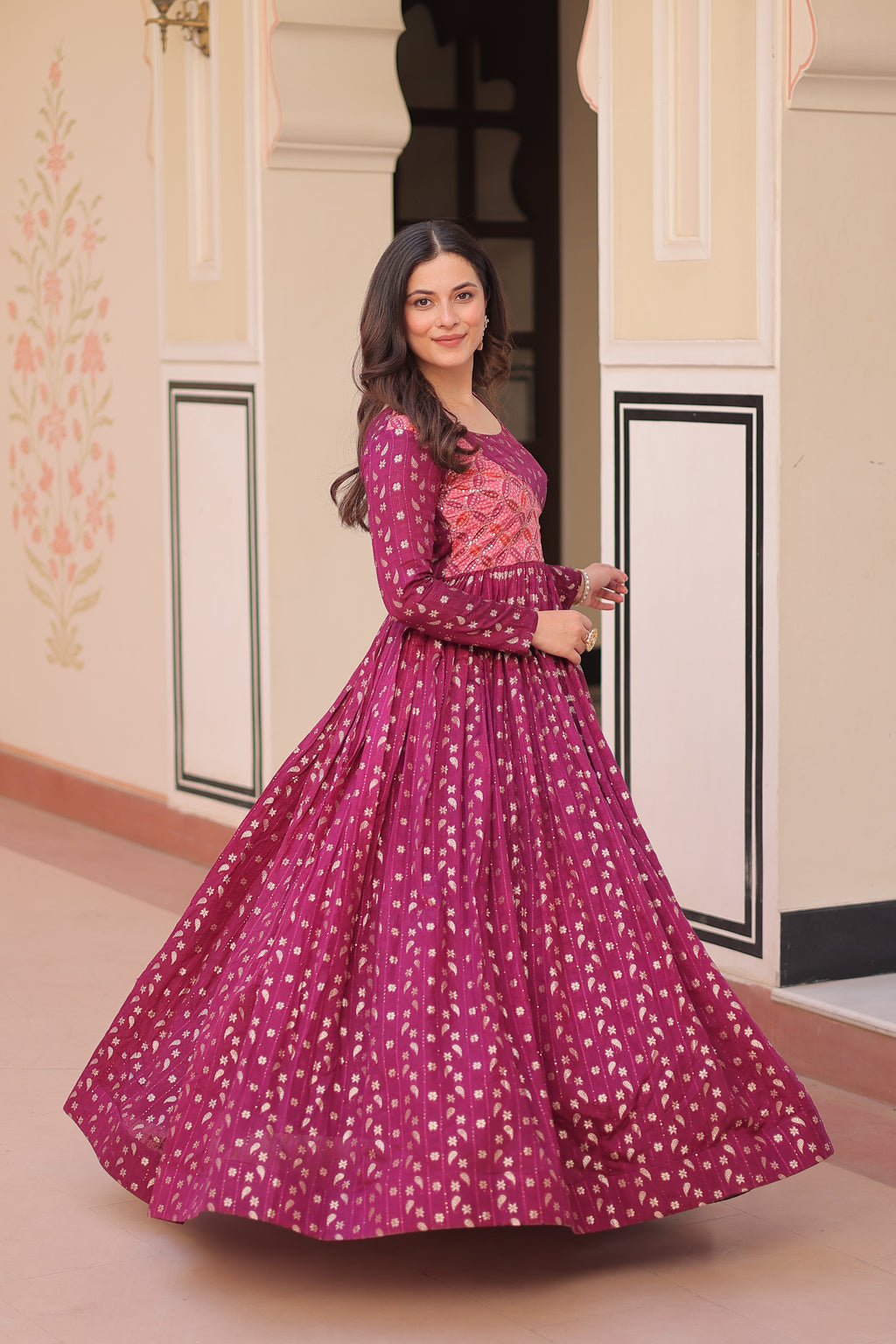 Staple Jacquard Weaving Wine Gown with Position Print Choli | Round Neck | Full Stitched