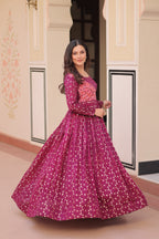 Staple Jacquard Weaving Wine Gown with Position Print Choli | Round Neck | Full Stitched