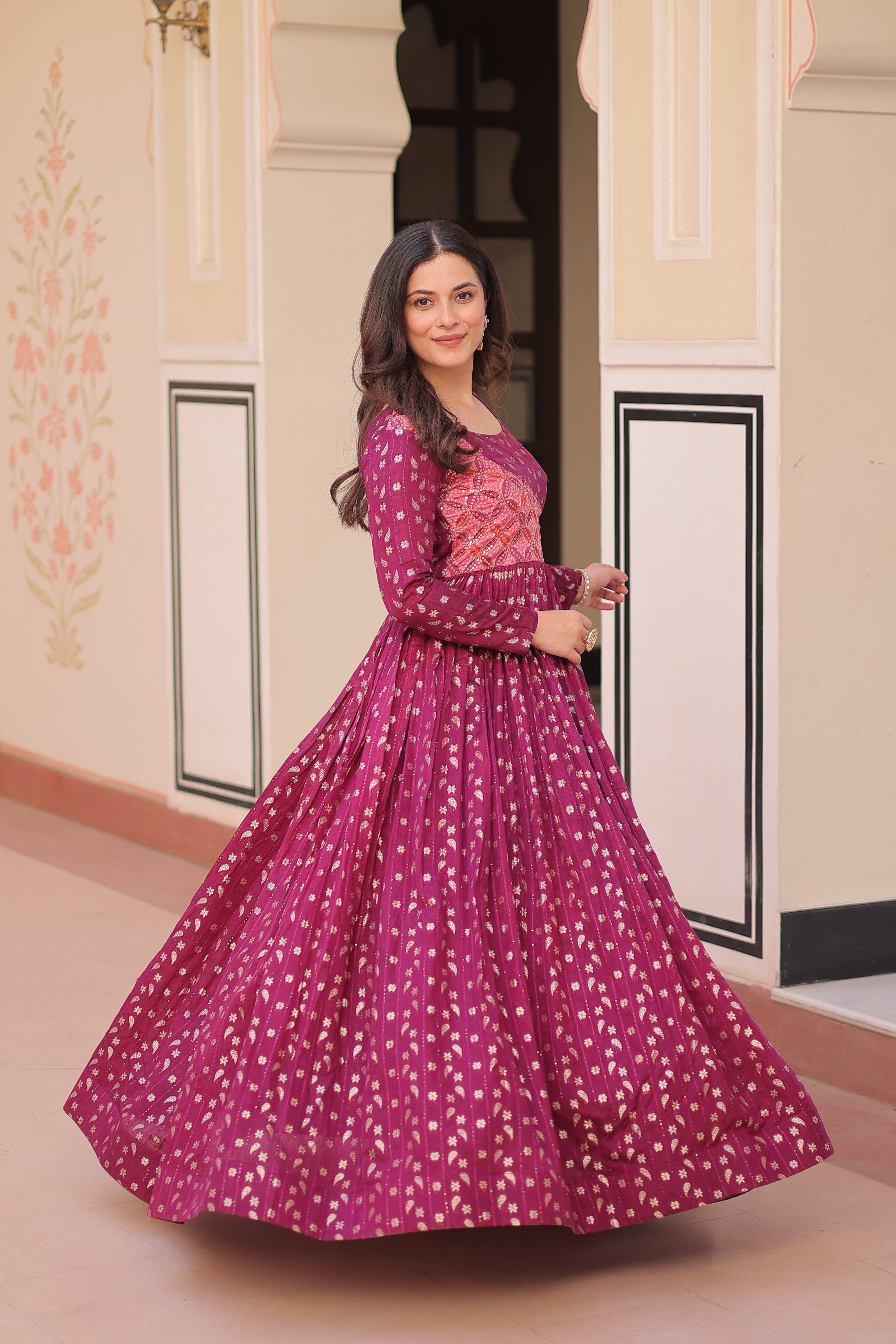 Staple Jacquard Weaving Wine Gown with Position Print Choli | Round Neck | Full Stitched