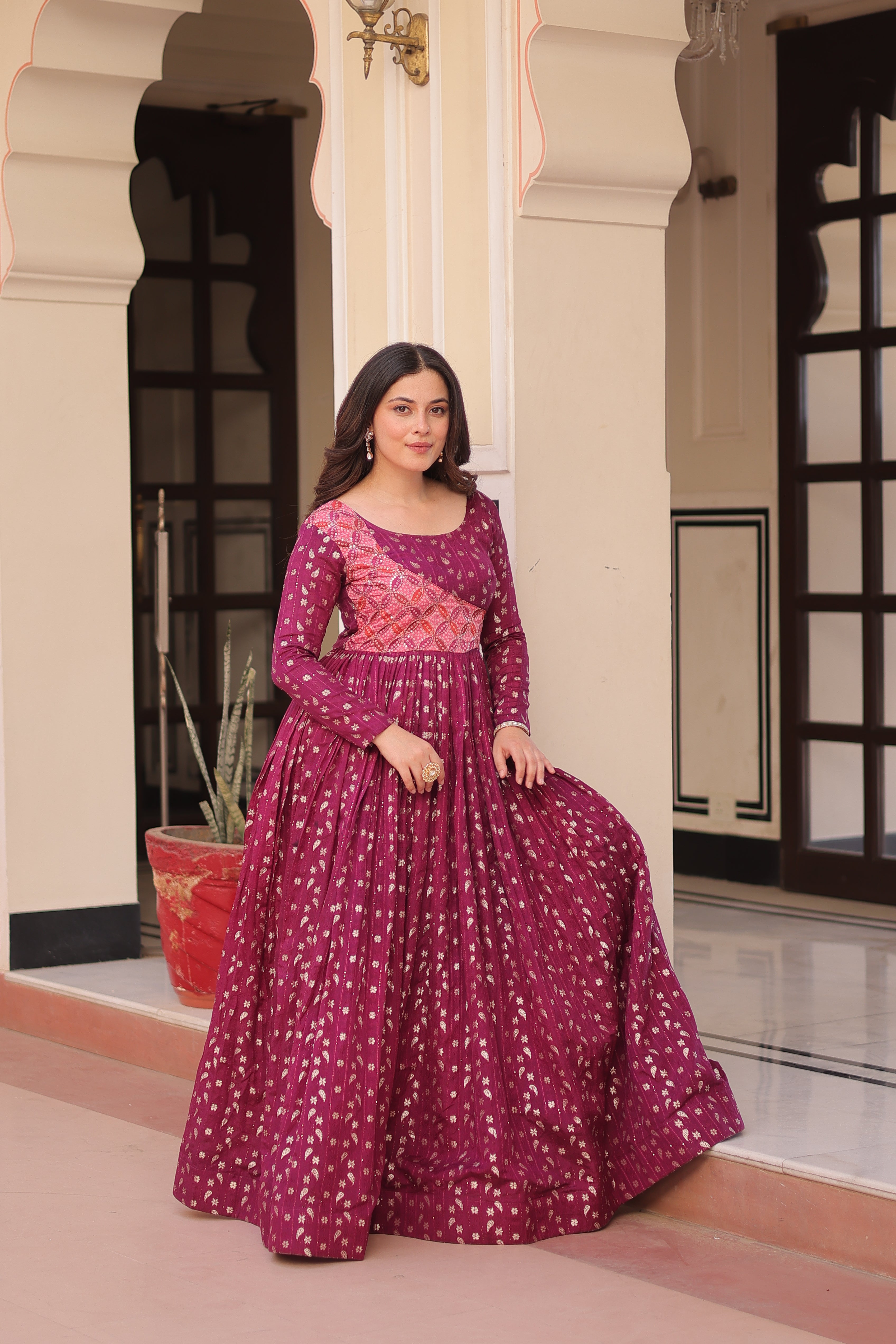 Staple Jacquard Weaving Wine Gown with Position Print Choli | Round Neck | Full Stitched