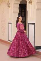 Staple Jacquard Weaving Wine Gown with Position Print Choli | Round Neck | Full Stitched