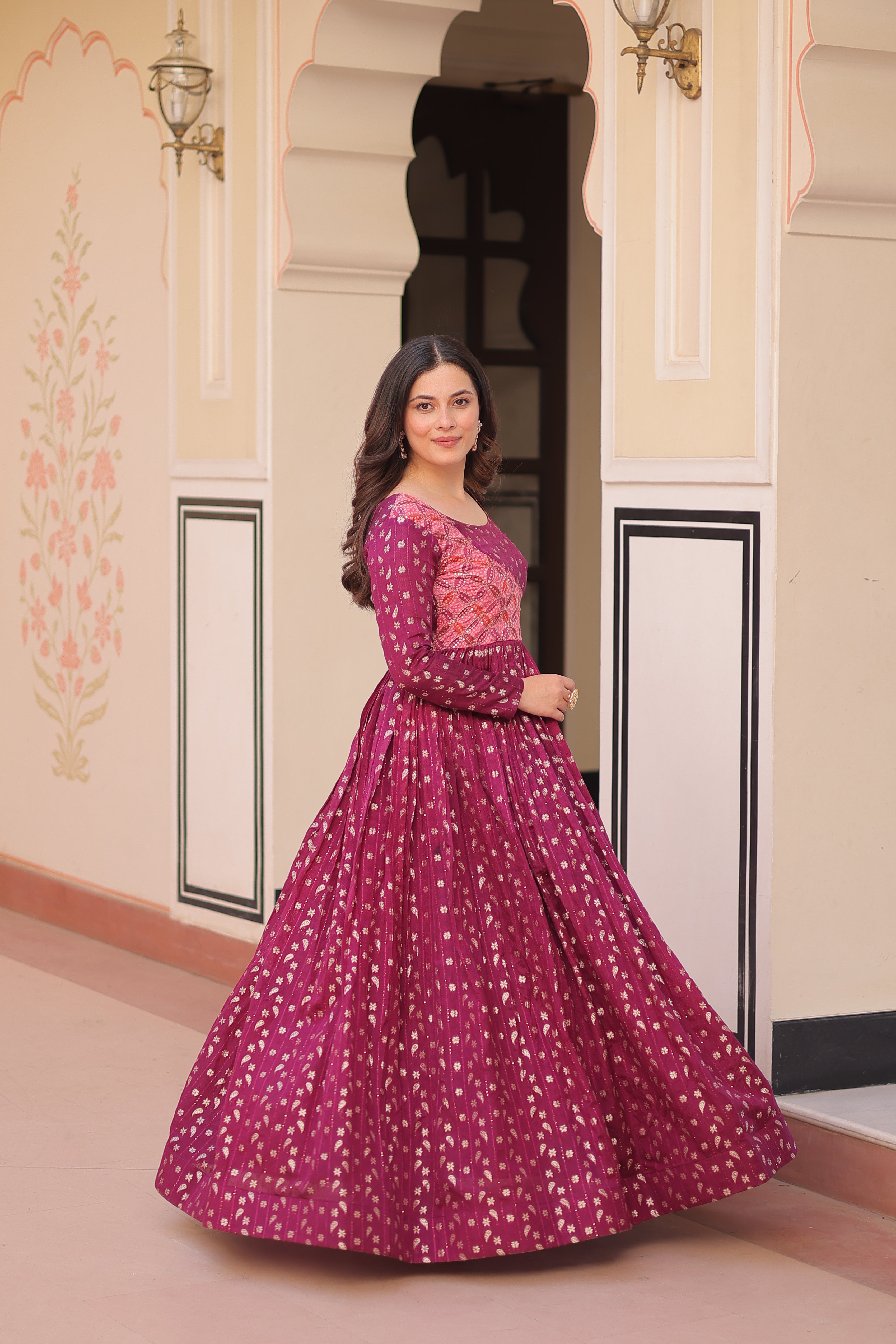 Staple Jacquard Weaving Wine Gown with Position Print Choli | Round Neck | Full Stitched