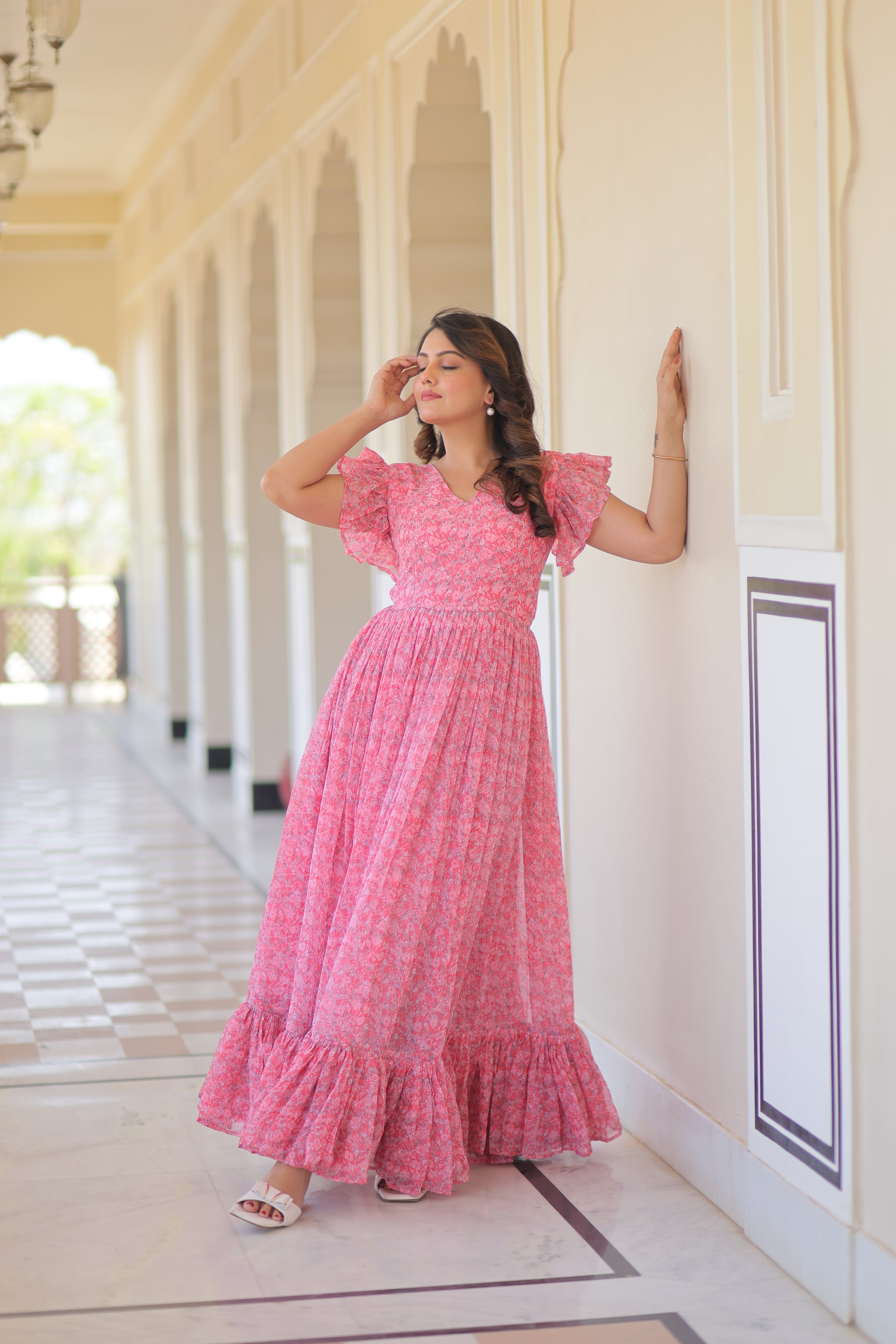 Faux Georgette Printed Pink Gown with Bell Sleeves | 7 Mtr Flair | Fancy V Neck | Full Stitched