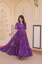 Faux Georgette Printed Gown in Blue | 12 Mtr Flair | Fancy V-Neck Collar | Half Sleeves | Full Stitched