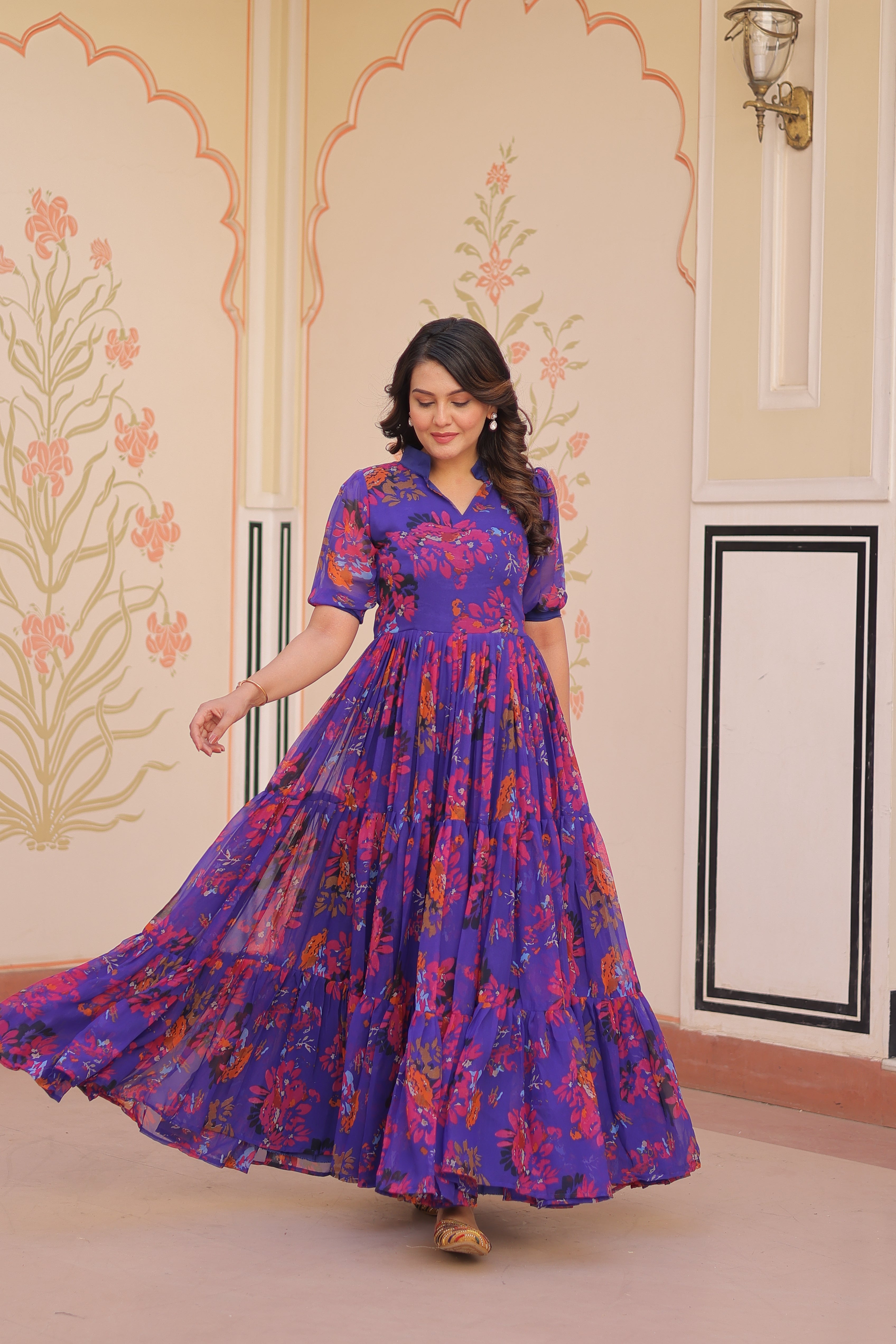 Faux Georgette Printed Gown in Blue | 12 Mtr Flair | Fancy V-Neck Collar | Half Sleeves | Full Stitched