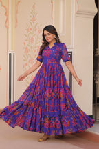 Faux Georgette Printed Gown in Blue | 12 Mtr Flair | Fancy V-Neck Collar | Half Sleeves | Full Stitched