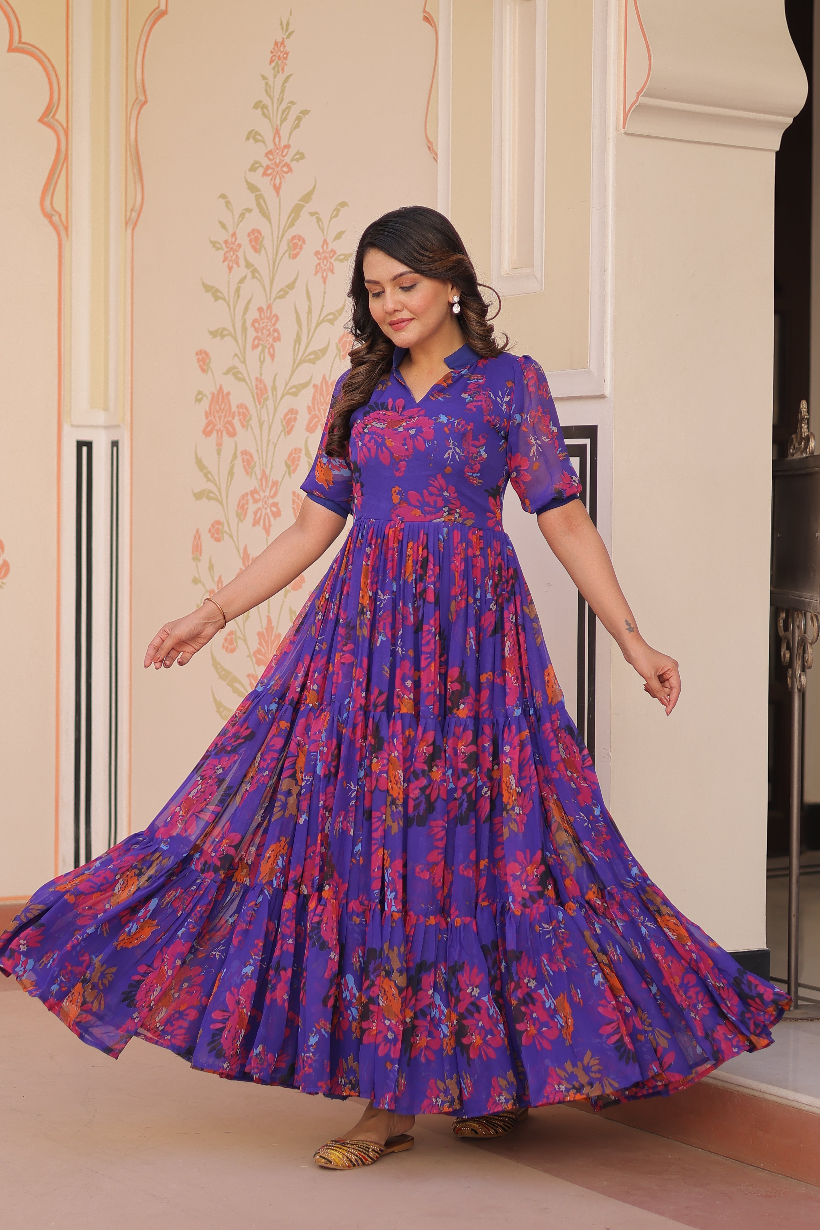 Faux Georgette Printed Gown in Blue | 12 Mtr Flair | Fancy V-Neck Collar | Half Sleeves | Full Stitched