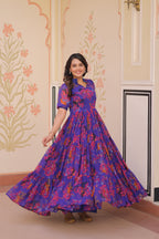 Faux Georgette Printed Gown in Blue | 12 Mtr Flair | Fancy V-Neck Collar | Half Sleeves | Full Stitched